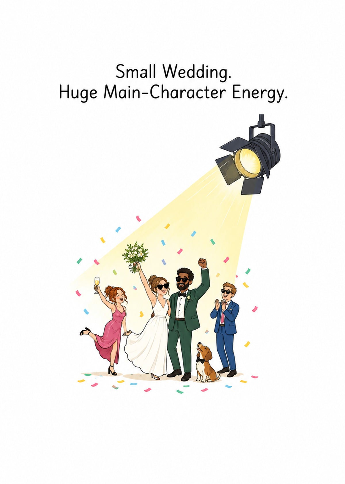 Funny wedding card showing a newlywed couple and two guests celebrating under a single spotlight with confetti, by Gigglz