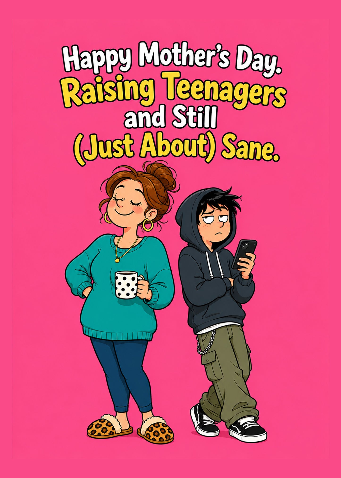 Funny Mother's Day card showing a frazzled but smiling mum surrounded by moody teenagers, by Gigglz