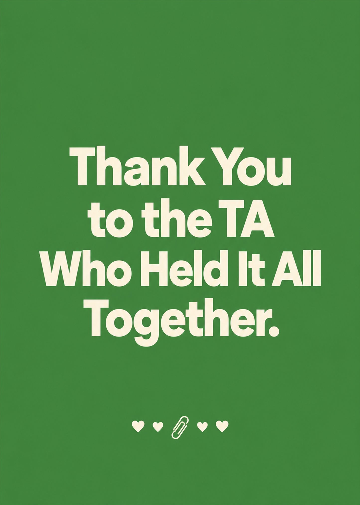 Heartfelt thank you card showing warm type with small hearts and a paperclip on green, by Gigglz