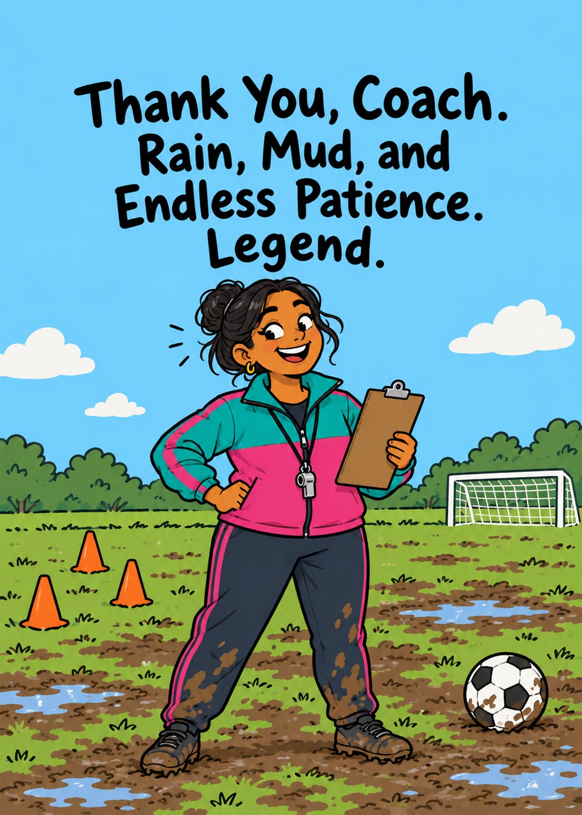 Heartfelt thank you card showing a cheerful coach with clipboard on a muddy pitch, with Rain text, by Gigglz