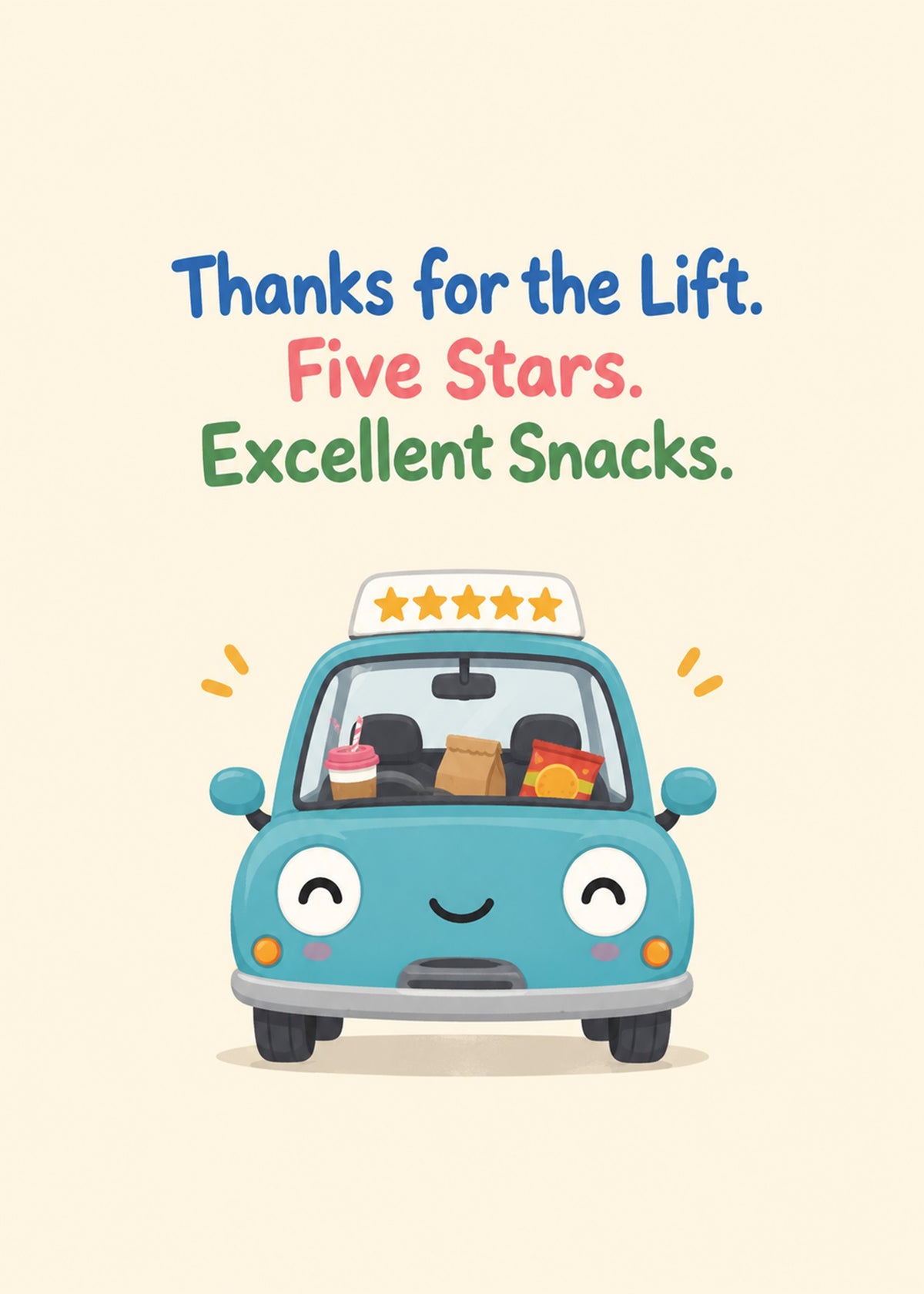 Funny thank you card showing a smiling cartoon teal car with a five-star taxi sign and snacks on the dashboard, by Gigglz
