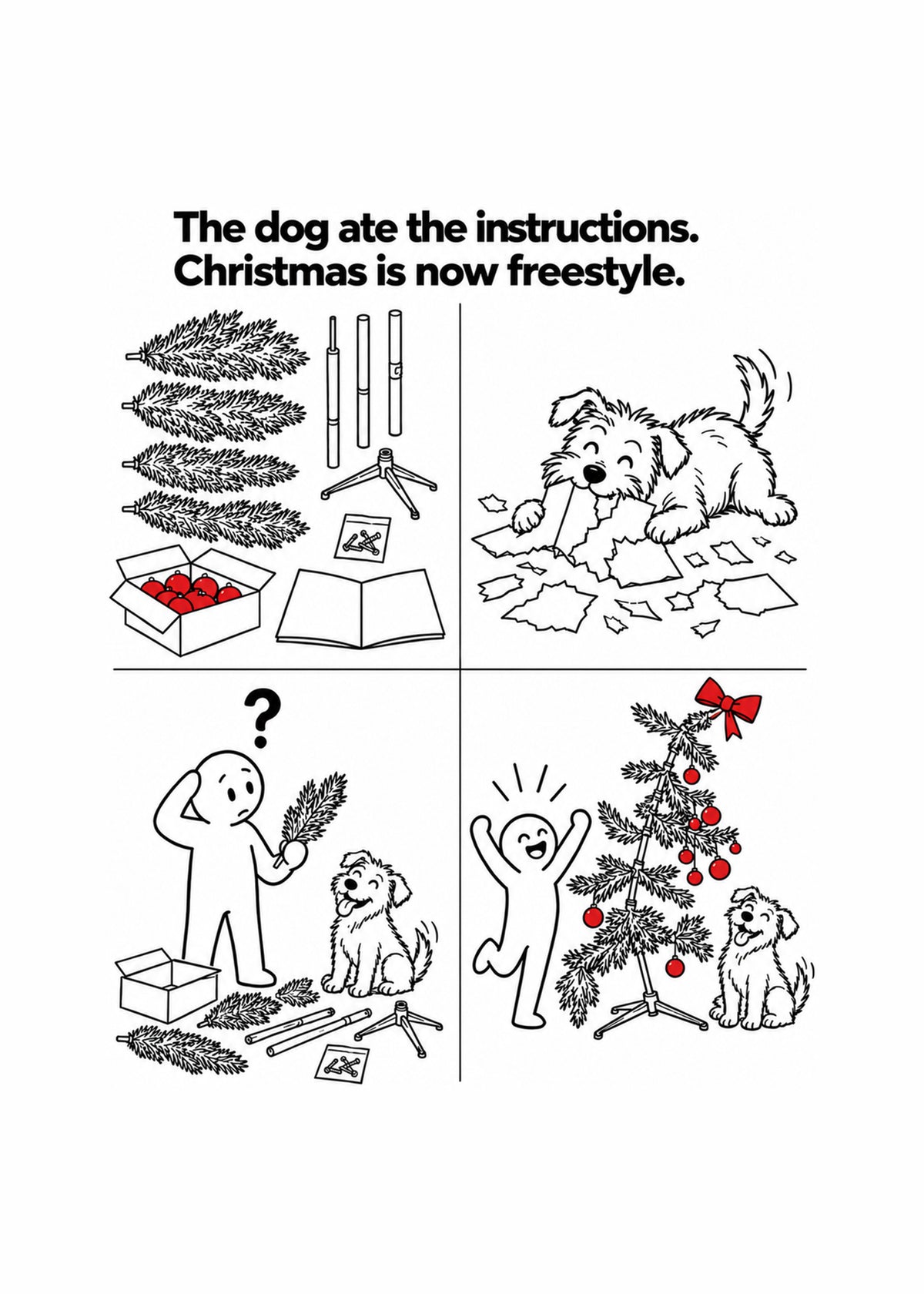 Funny Christmas card showing a four-panel flat-pack style assembly diagram where a dog shreds the leaflet, by Gigglz