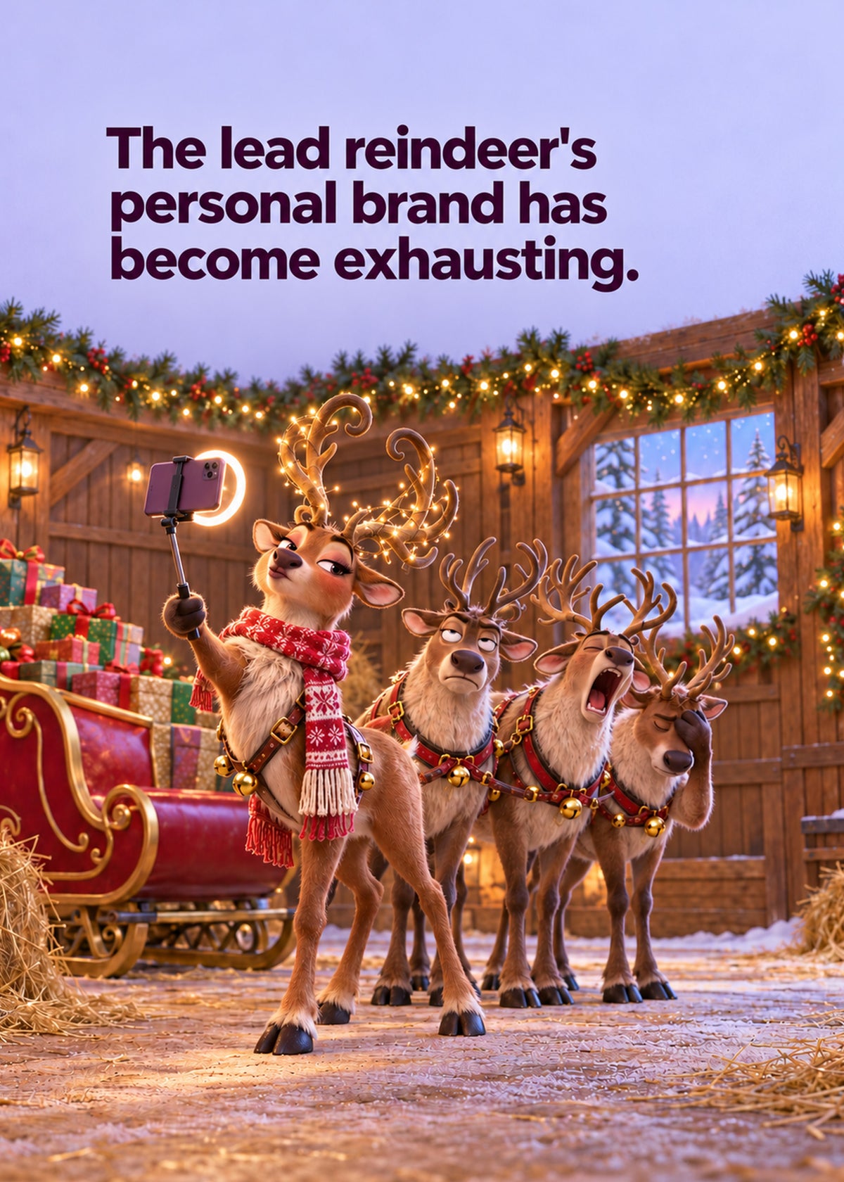 Funny Christmas card showing a 3D-rendered reindeer with fairy-lit antlers and a ring light taking a selfie while, by Gigglz