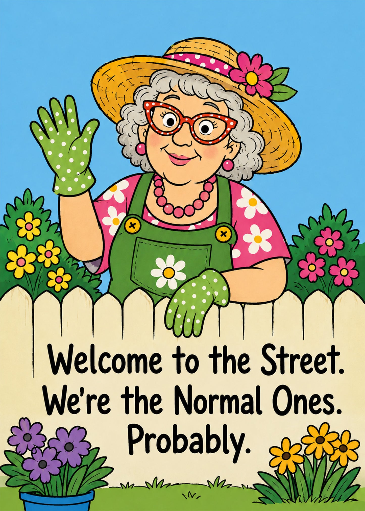 Funny new home card showing a friendly neighbour waving over a garden fence, with We're the Normal Ones text, by Gigglz