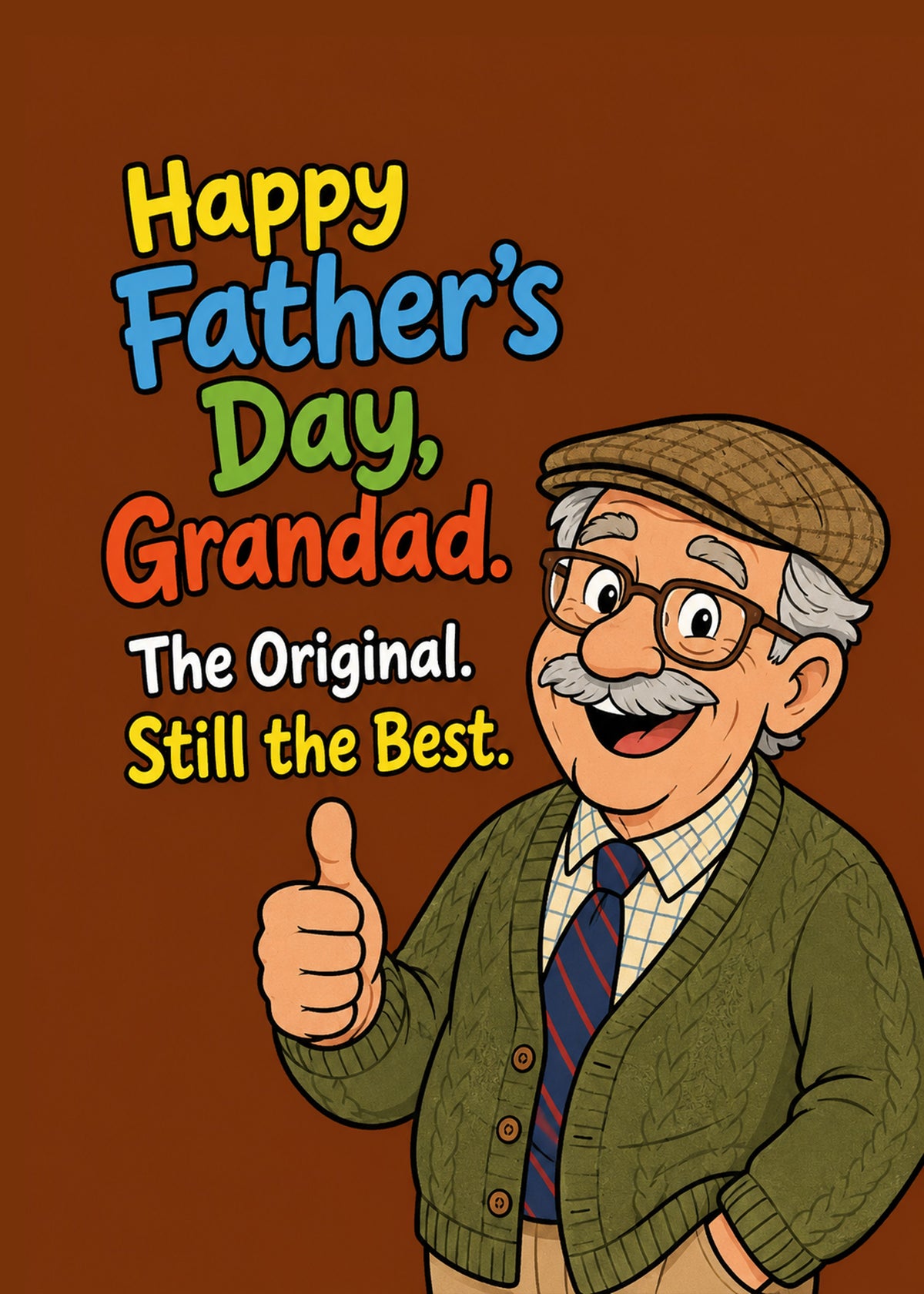 Funny Father's Day card showing a beaming grandad in a flat cap giving a thumbs up, with The Original text, by Gigglz