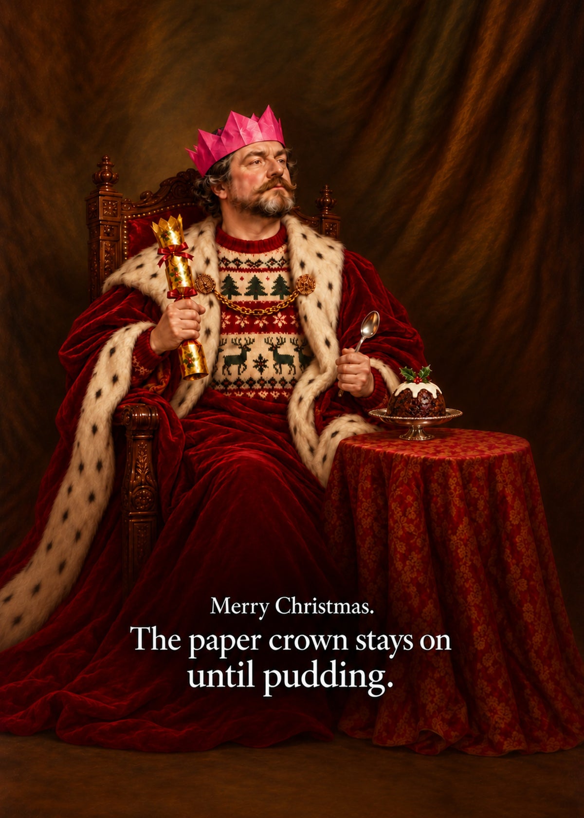 Funny Christmas card showing a photoreal regal portrait of a man in an ermine robe, Christmas jumper and pink, by Gigglz