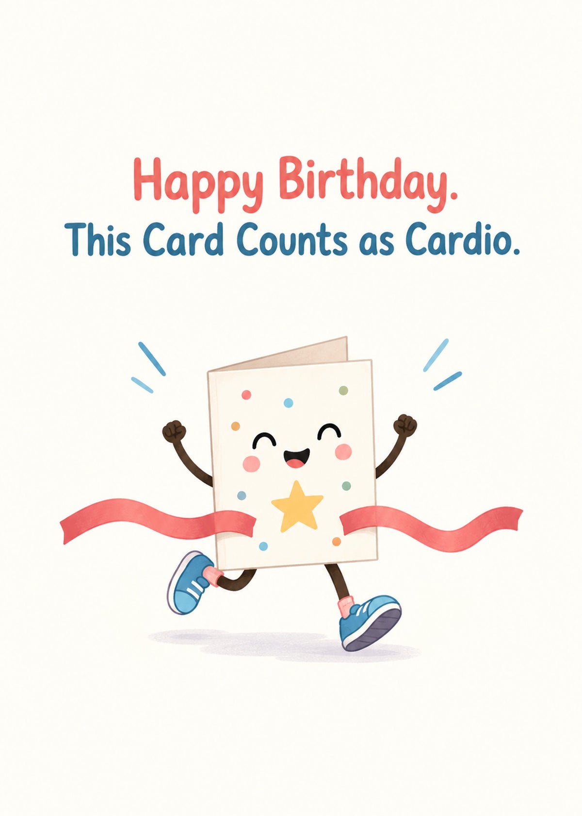Funny birthday card showing a cheerful cartoon greeting card in trainers bursting through a finish-line ribbon, by Gigglz