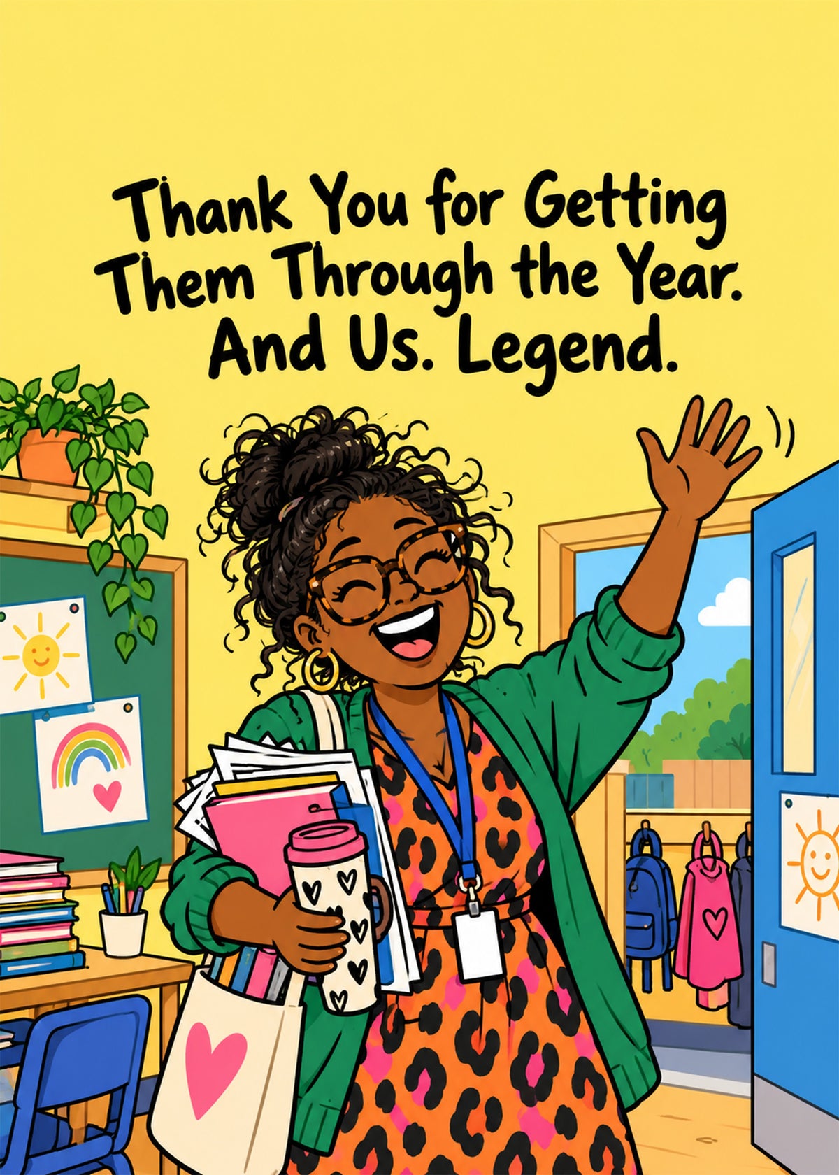 Heartfelt thank you card showing a waving teacher leaving a bright classroom, by Gigglz