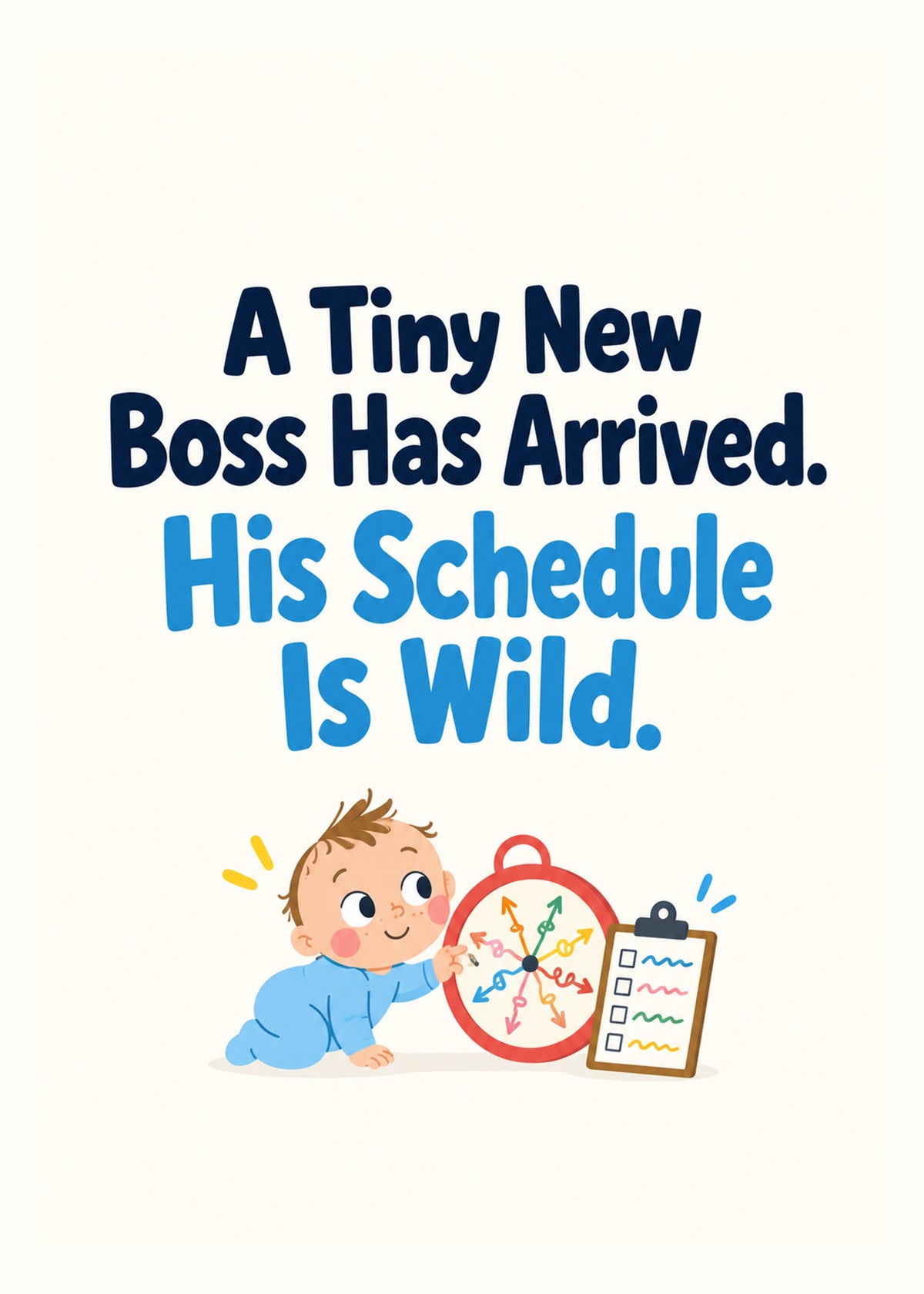 Funny new baby card showing bold navy and blue lettering above a baby boy in a blue sleepsuit spinning a chaotic, by Gigglz