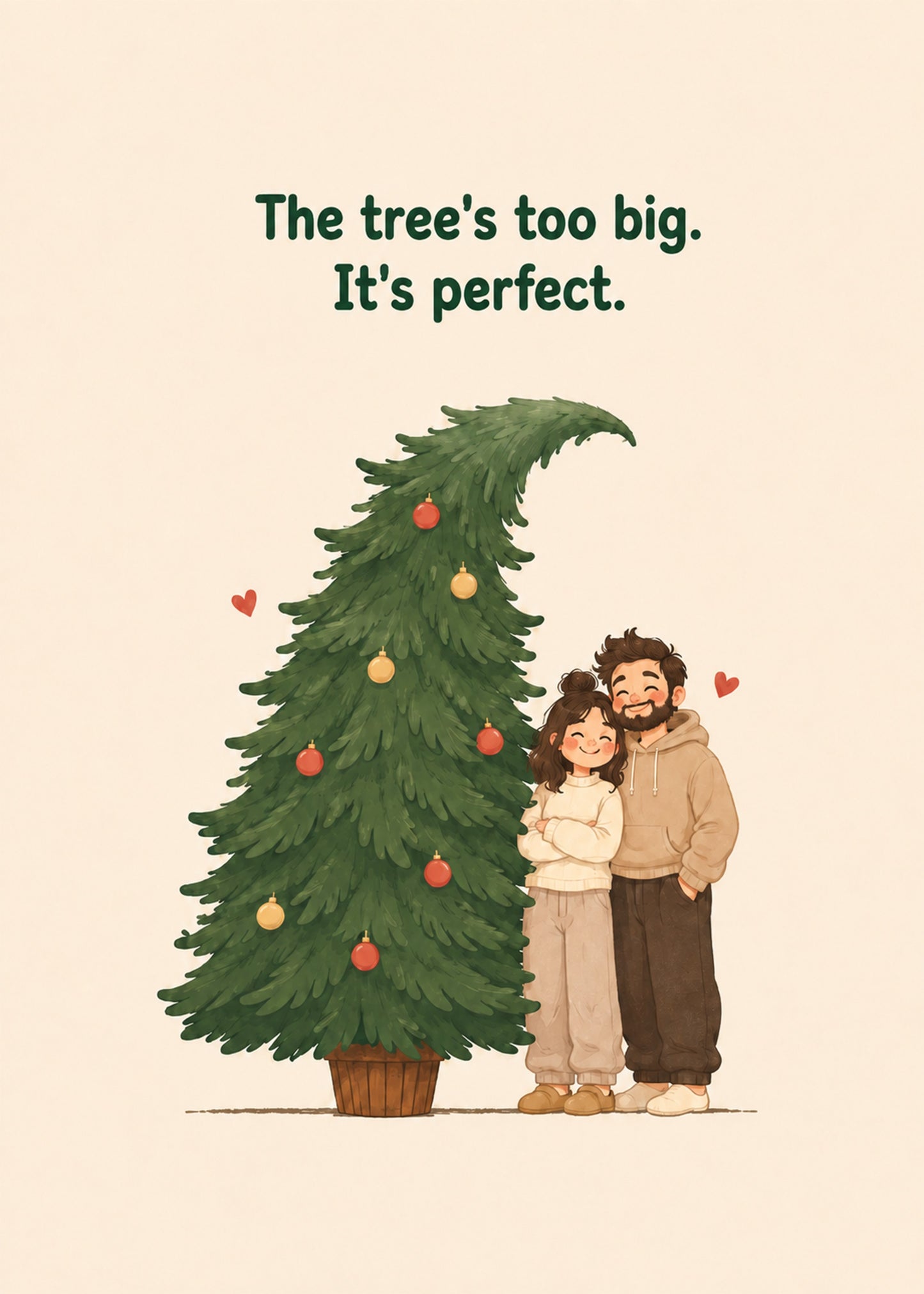 Cute Christmas card showing a smiling couple standing beside an oversized, lightly decorated Christmas tree, by Gigglz