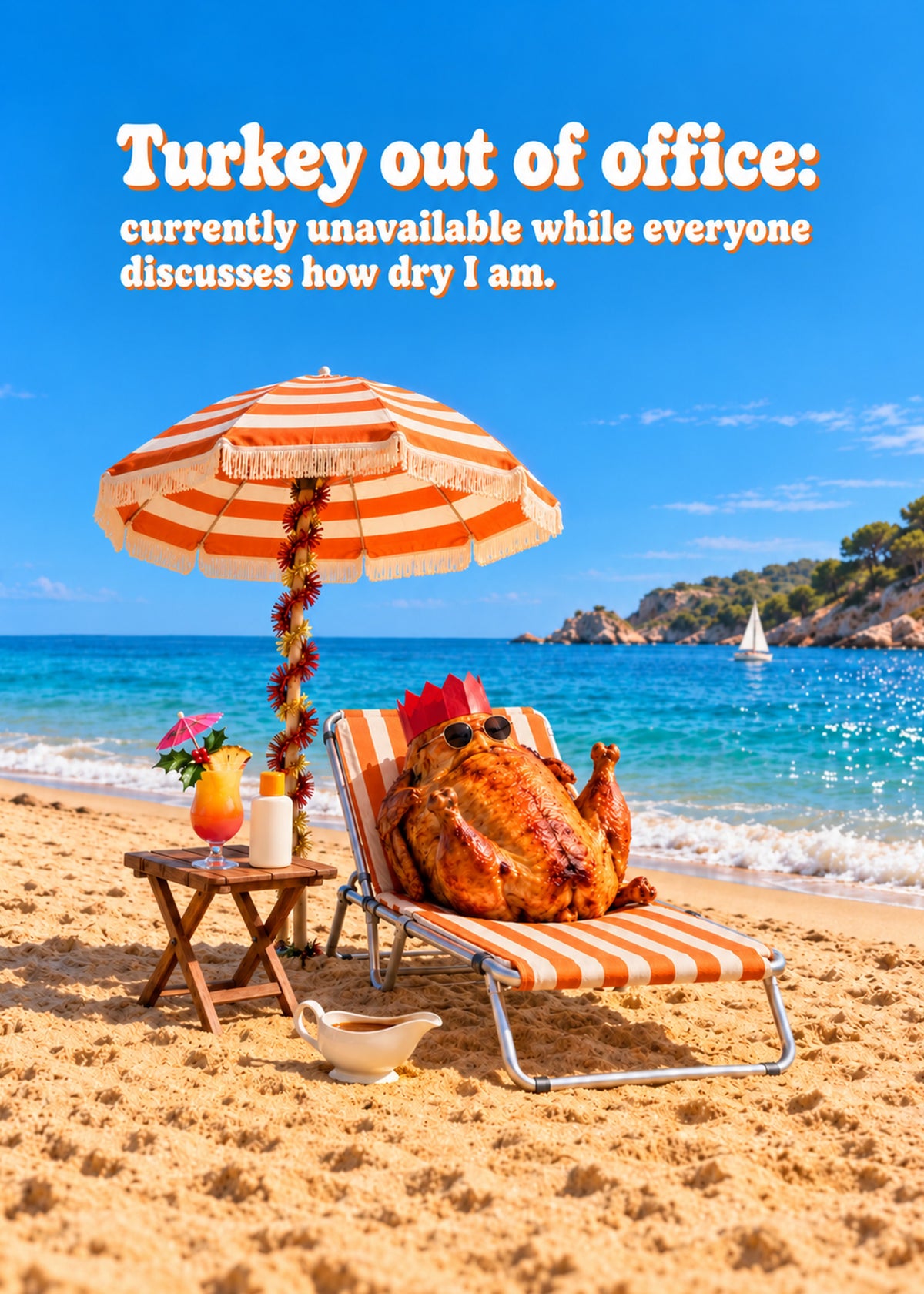 Funny Christmas card showing a photoreal roast turkey in sunglasses and a paper crown sunbathing on a striped, by Gigglz