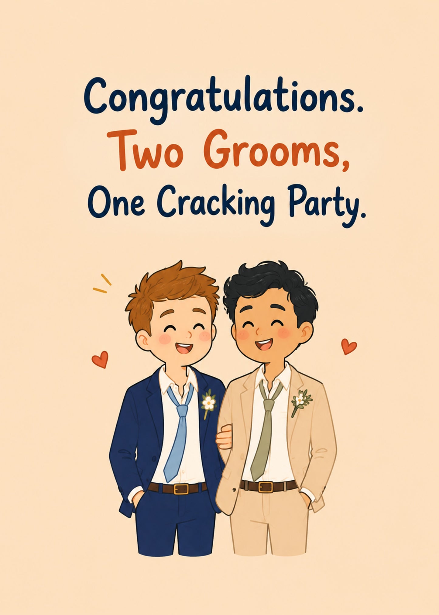 Funny wedding card showing two happy grooms in suits with little hearts, with Two Grooms text, by Gigglz