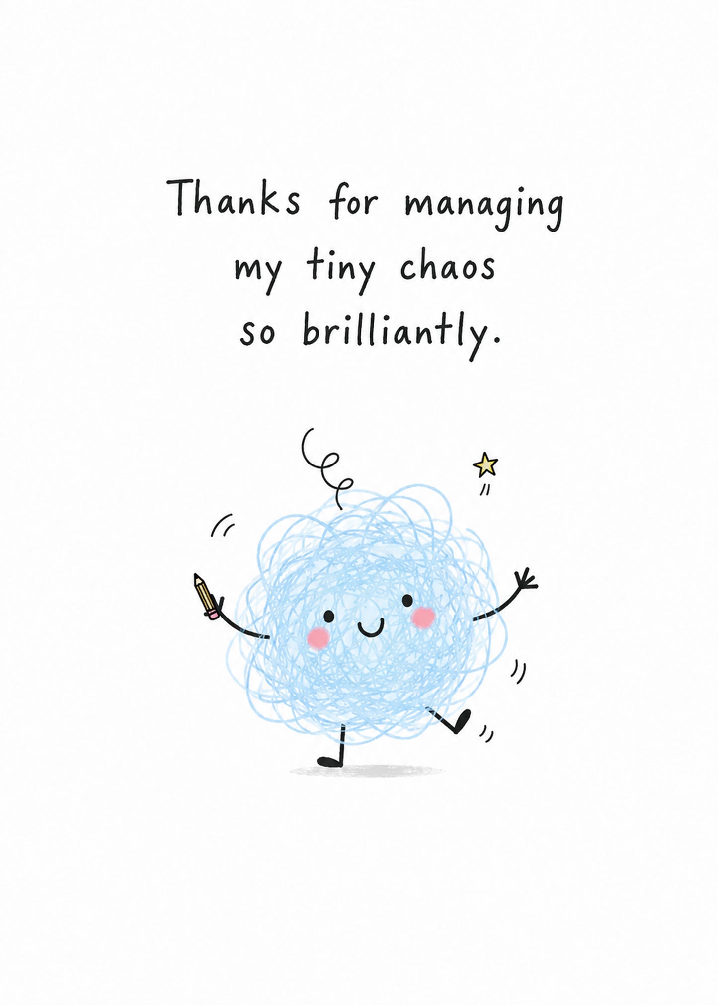 Funny teacher thank you card with tiny chaos scribble character by Gigglz