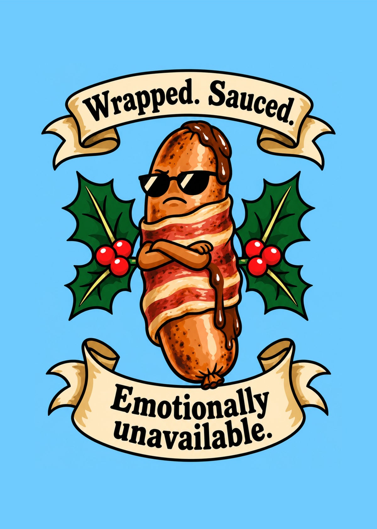 Funny Christmas card showing a tattoo-style pig in a blanket in sunglasses with gravy dripping down, framed, by Gigglz