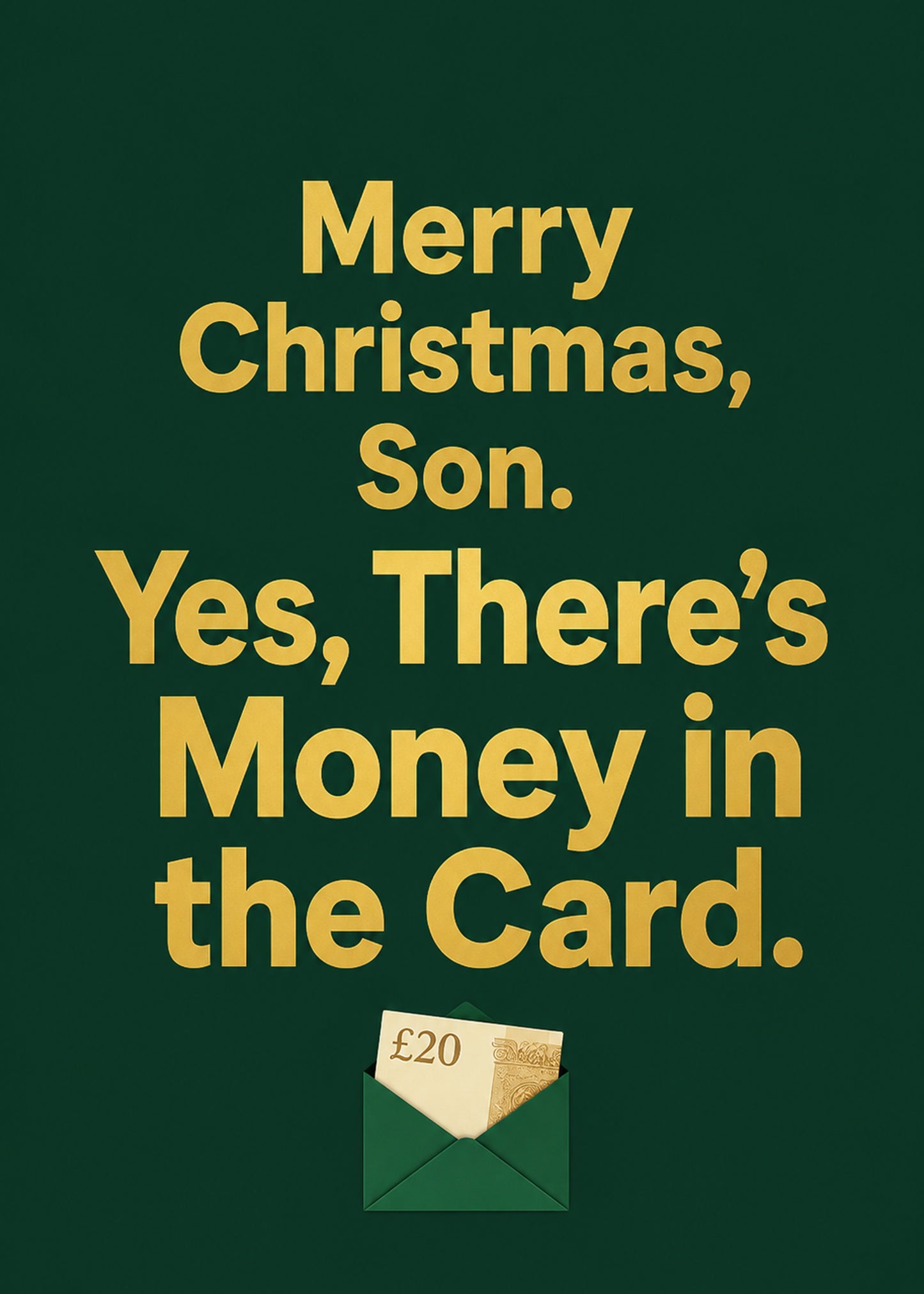 Funny Christmas card showing a green envelope with a £20 note tucked inside, with Yes text, by Gigglz