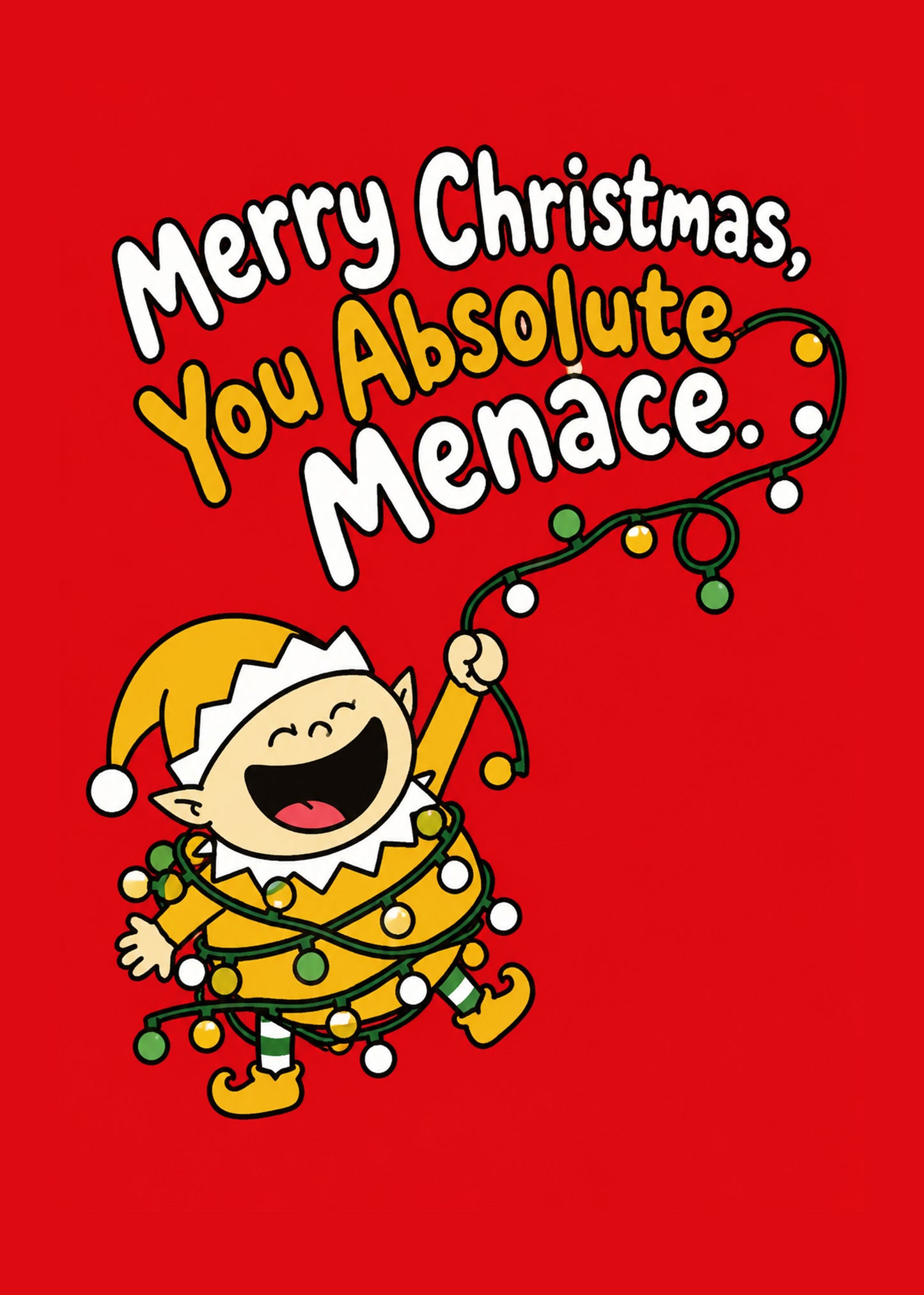 Funny Christmas card showing a delighted cartoon elf hopelessly tangled in Christmas lights, by Gigglz