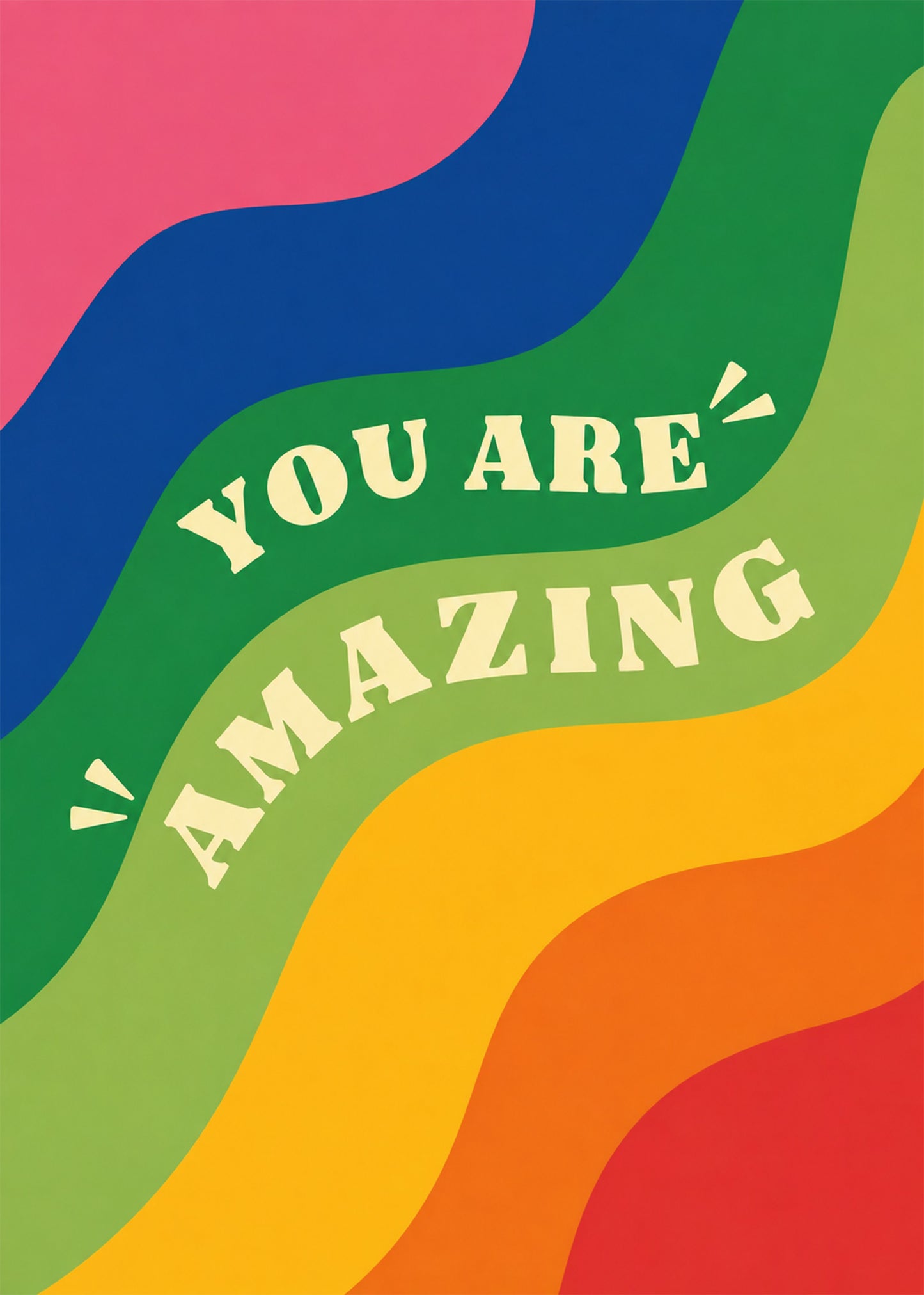 Heartwarming everyday card showing bold cream lettering flowing across colourful retro waves, by Gigglz