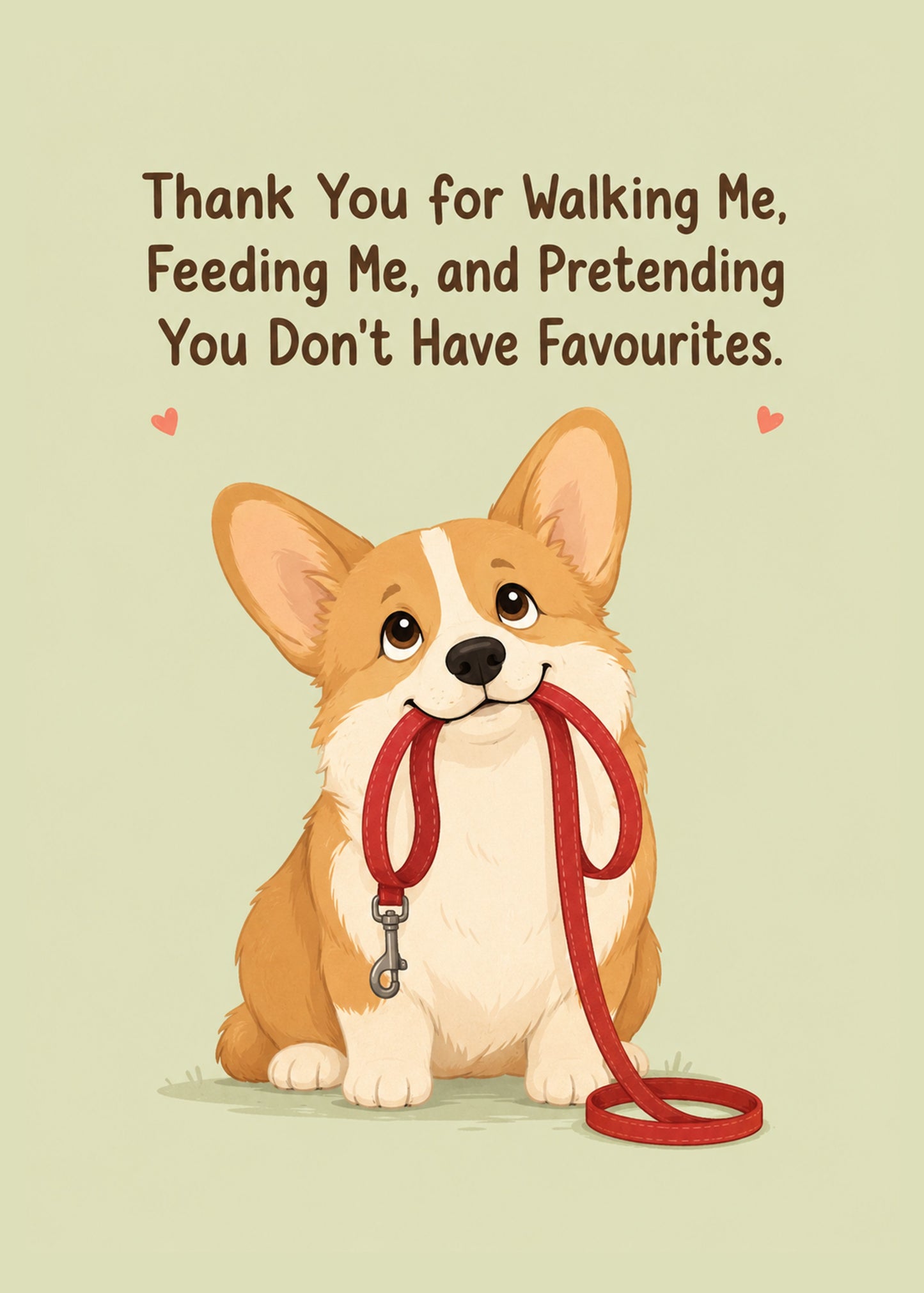 Funny thank you card showing a hopeful corgi holding a red lead in its mouth, by Gigglz