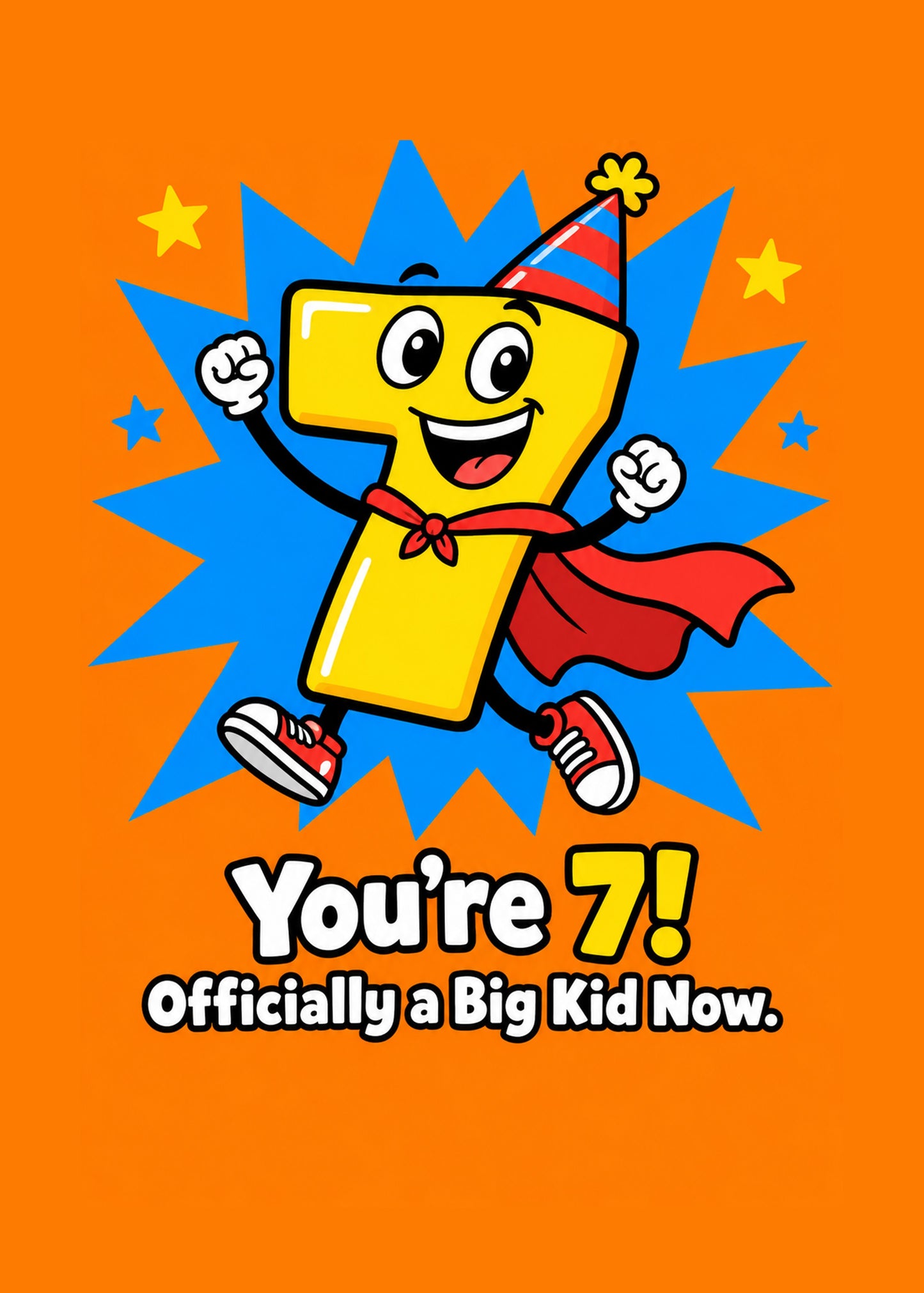 Funny birthday card showing a caped superhero 7 number character leaping, with Officially a Big Kid Now text, by Gigglz