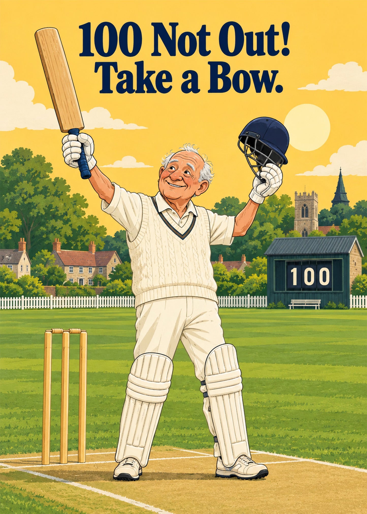 Funny birthday card showing a cricketer raising bat and helmet on a village green with a 100 scoreboard, by Gigglz