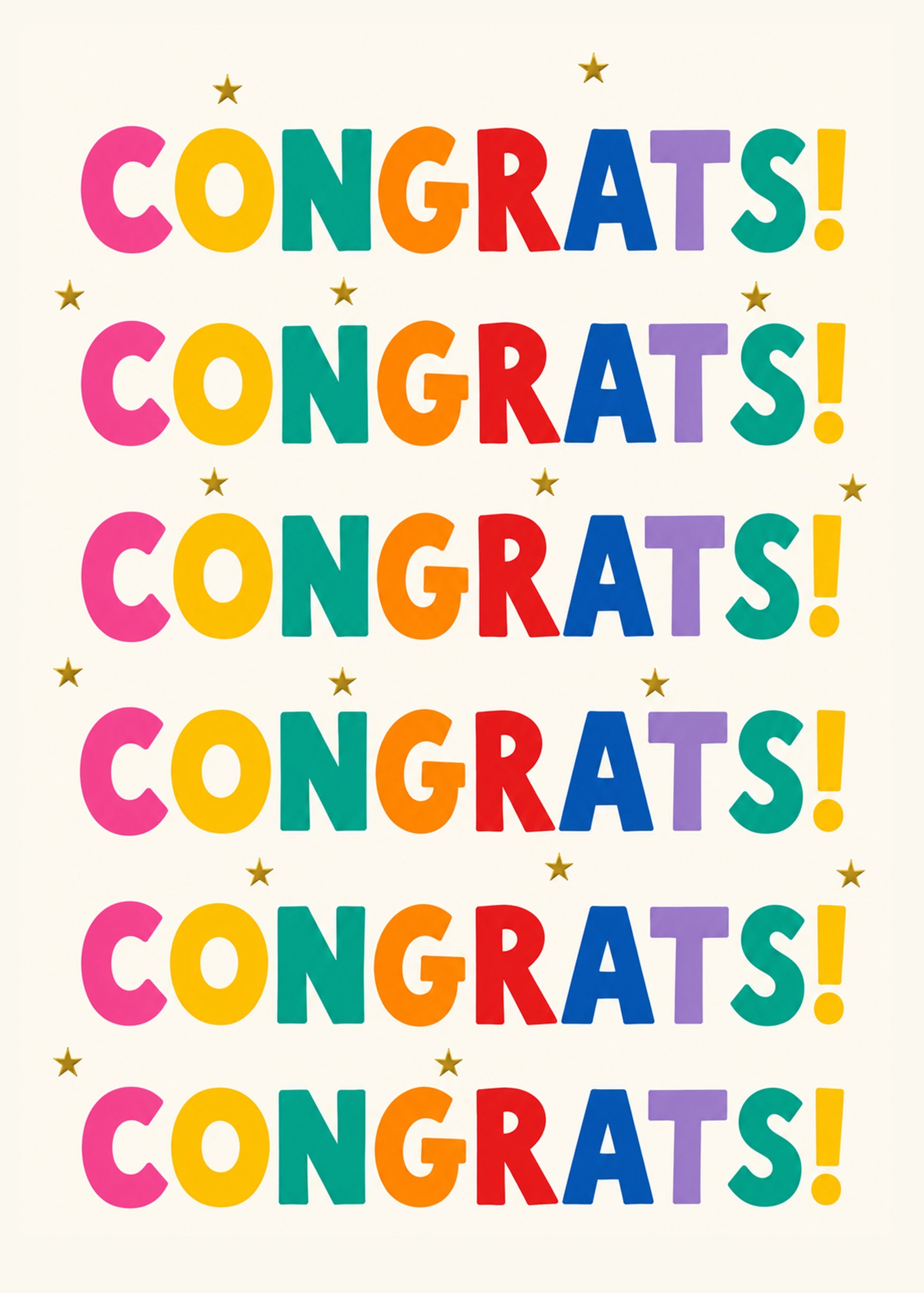 Funny congratulations card showing the word CONGRATS repeated in bright rainbow lettering with gold stars, by Gigglz