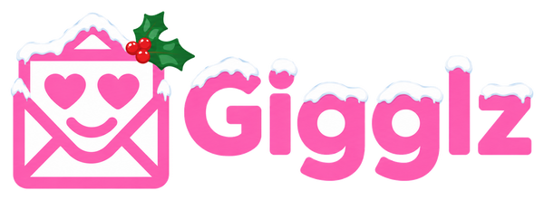 A pink stylized logo reading 'Gigglz' with a snow-dusted envelope icon and a small holly sprig on a white background.