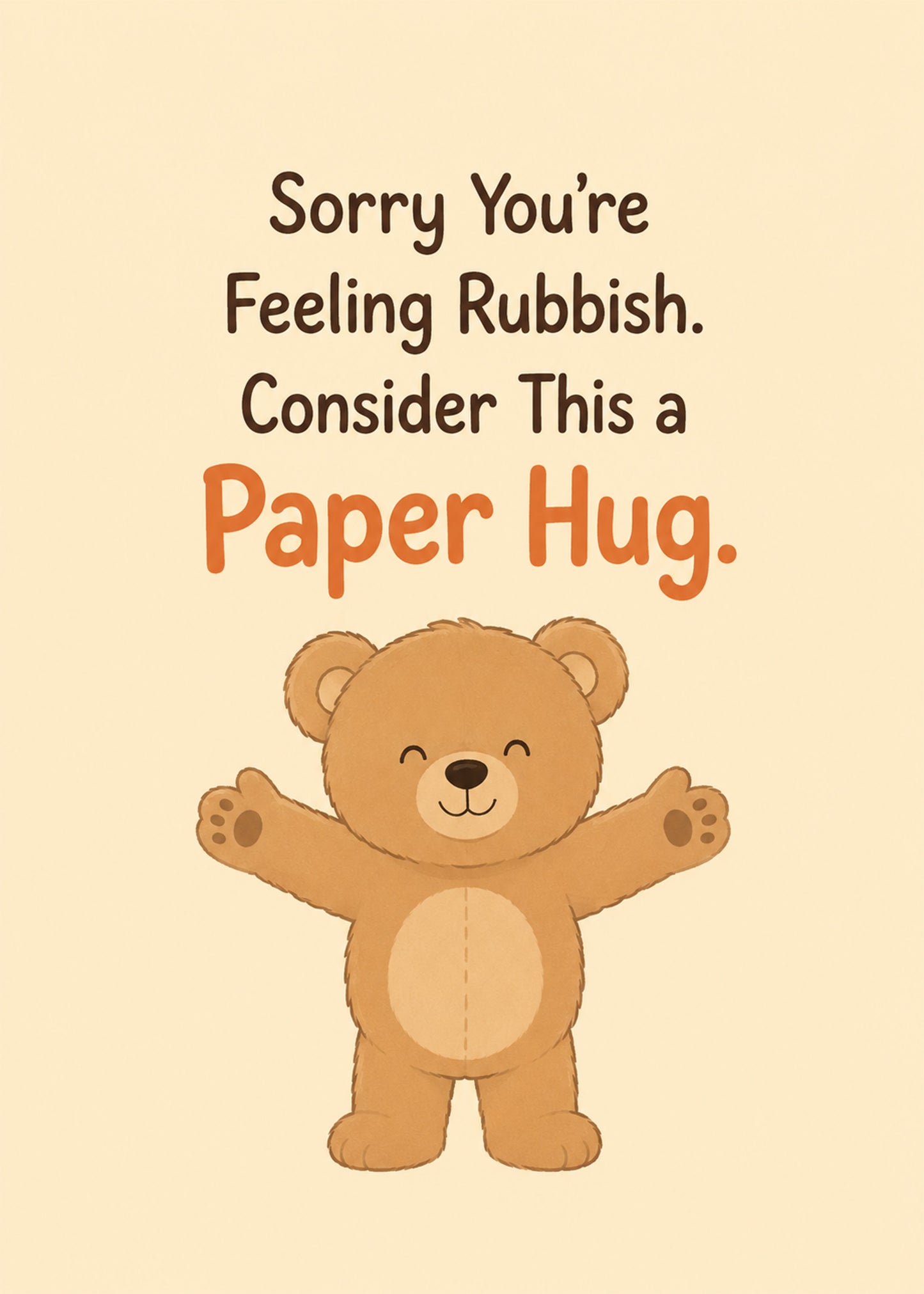 Cute get well card showing a soft teddy bear with arms open for a hug, with A Paper Hug text, by Gigglz