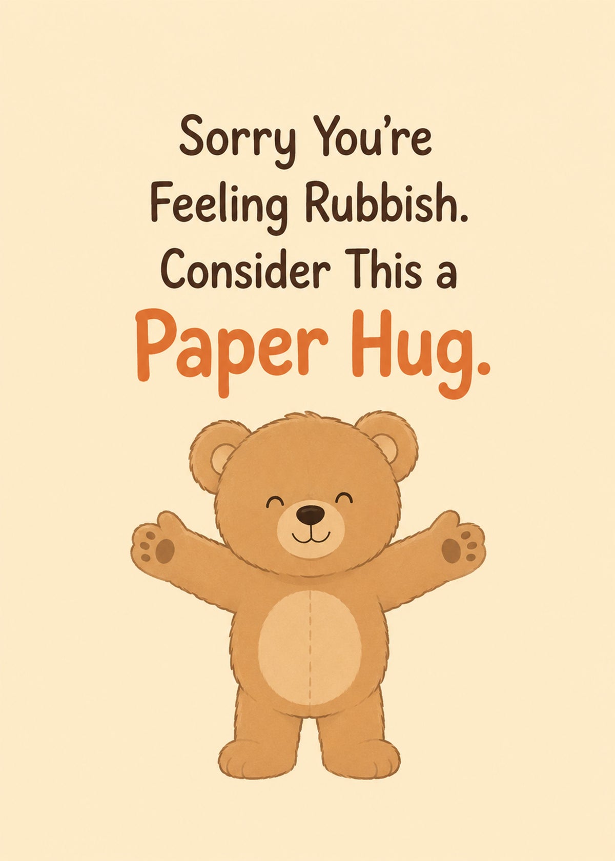 Cute get well card showing a soft teddy bear with arms open for a hug, with A Paper Hug text, by Gigglz