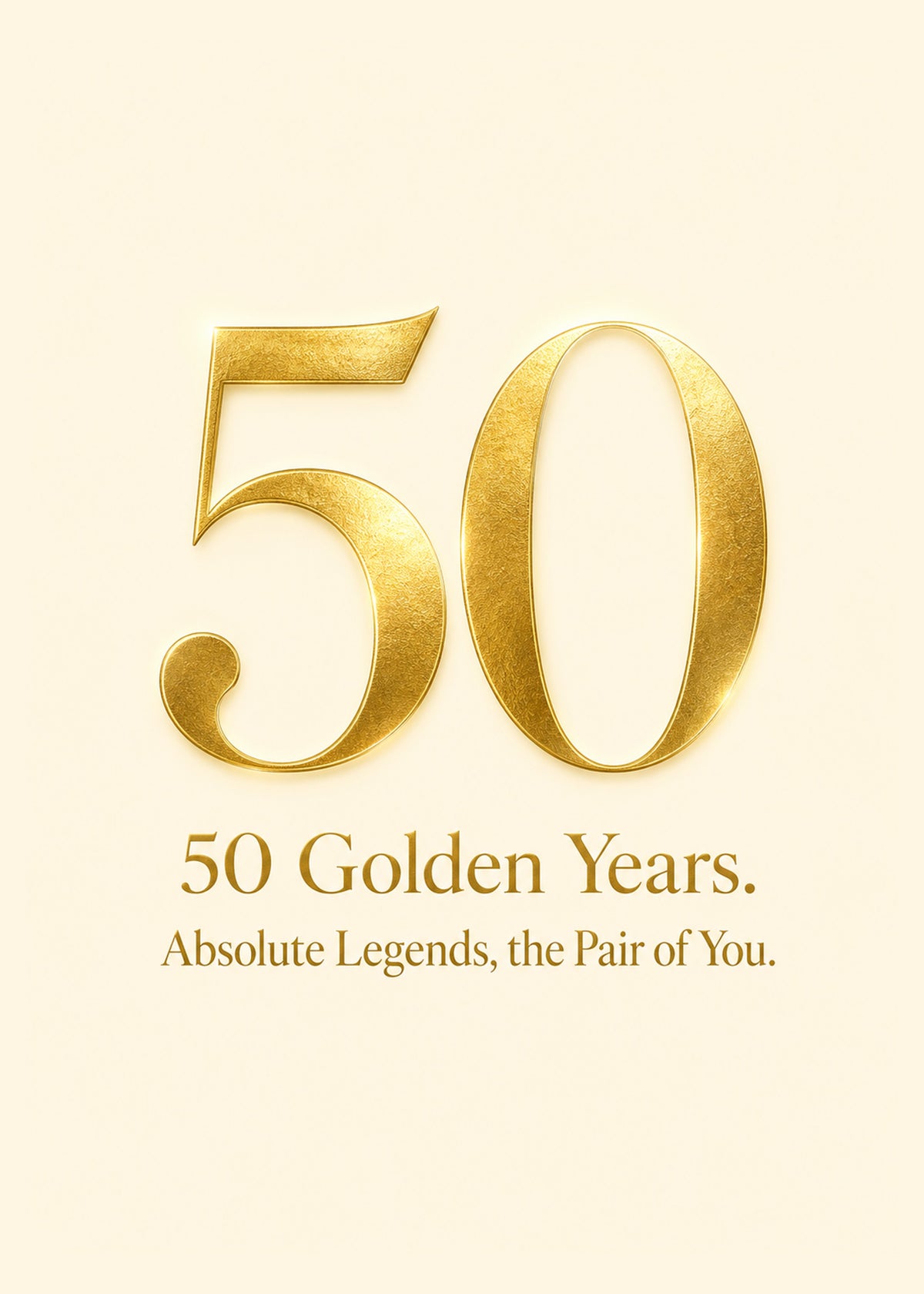 Heartfelt anniversary card showing a gold metallic 50 on a cream ground, with Absolute Legends text, by Gigglz