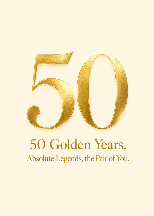 Heartfelt anniversary card showing a gold metallic 50 on a cream ground, with Absolute Legends text, by Gigglz
