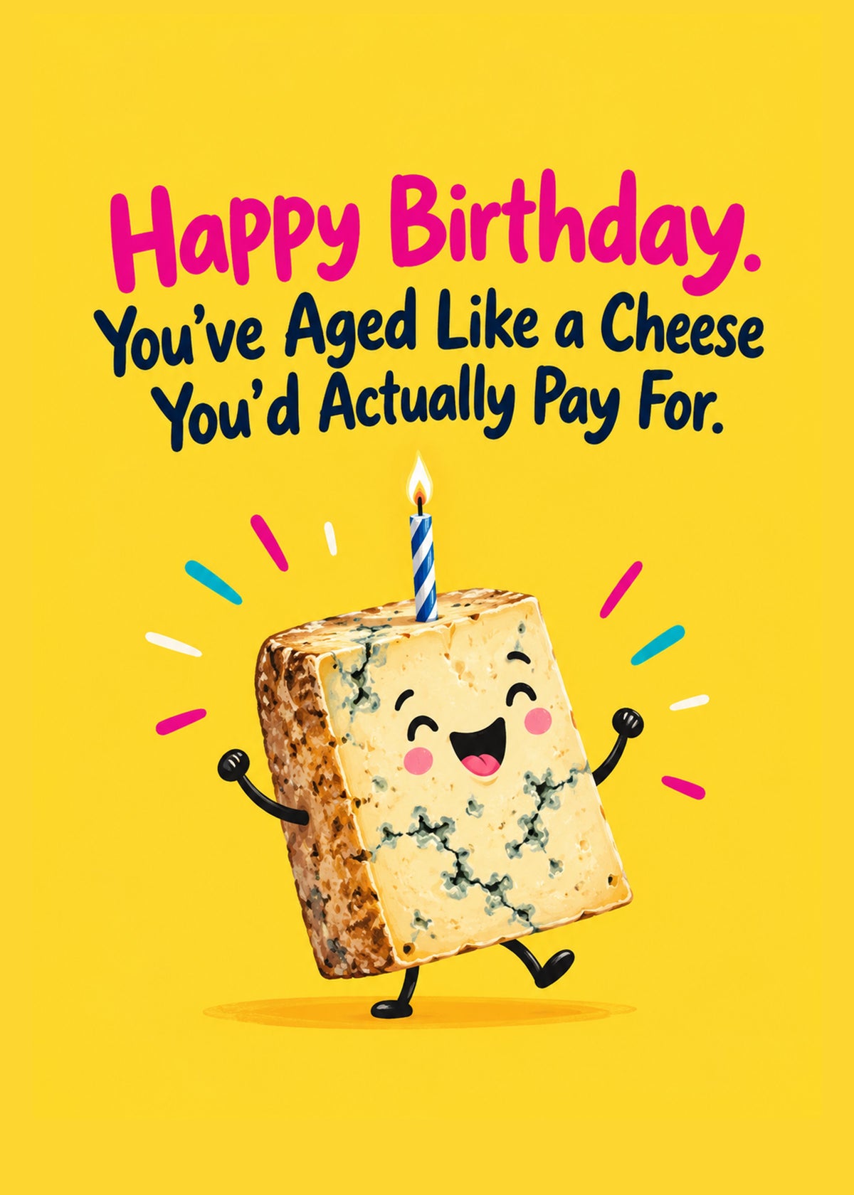 Funny birthday card showing a cheerful wedge of blue cheese with a birthday candle, dancing on a yellow ground, by Gigglz