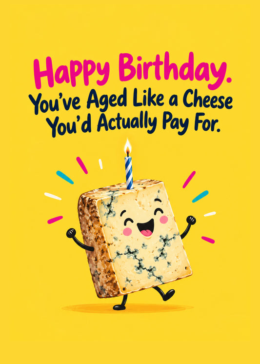 Funny birthday card showing a cheerful wedge of blue cheese with a birthday candle, dancing on a yellow ground, by Gigglz