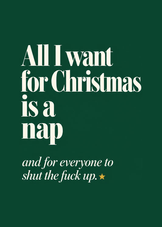 Rude Christmas card showing bold cream serif typography on a deep green ground with a single gold star, by Gigglz