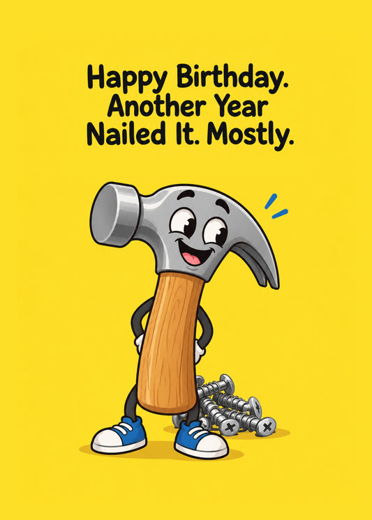 Funny birthday card showing a grinning cartoon hammer in trainers standing over a pile of screws on a yellow, by Gigglz