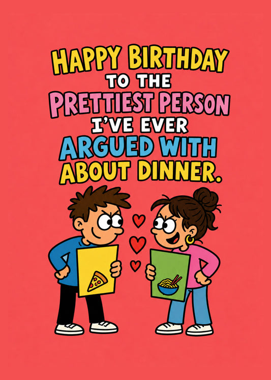 Funny birthday card showing bright cartoon: a couple mid-fond-standoff over two takeaway menus, little hearts, by Gigglz