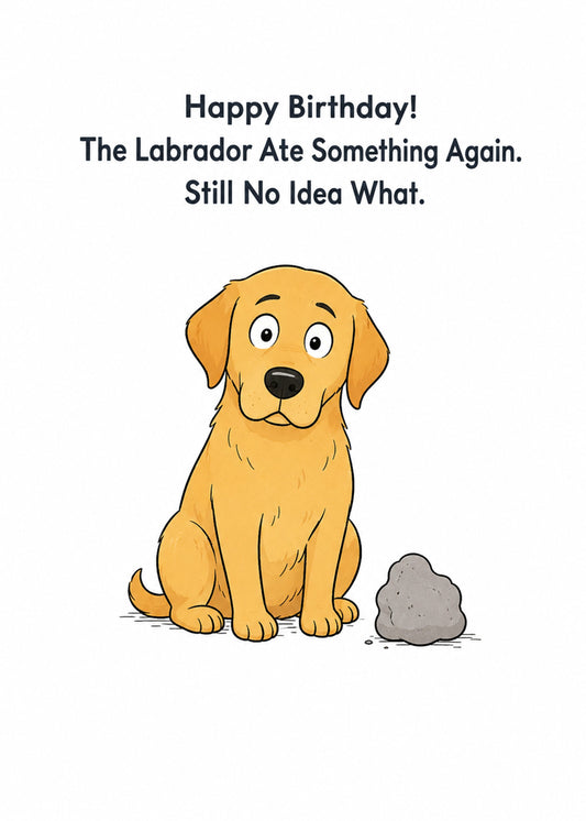 Funny birthday card showing a guilty-looking golden Labrador beside a mystery rock, by Gigglz