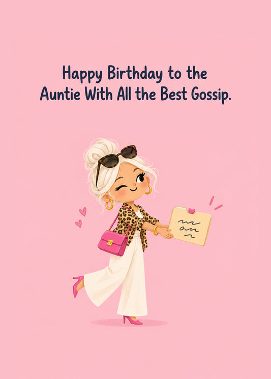 Funny birthday card showing a glamorous auntie in a leopard-print jacket and sunglasses handing over a card, by Gigglz