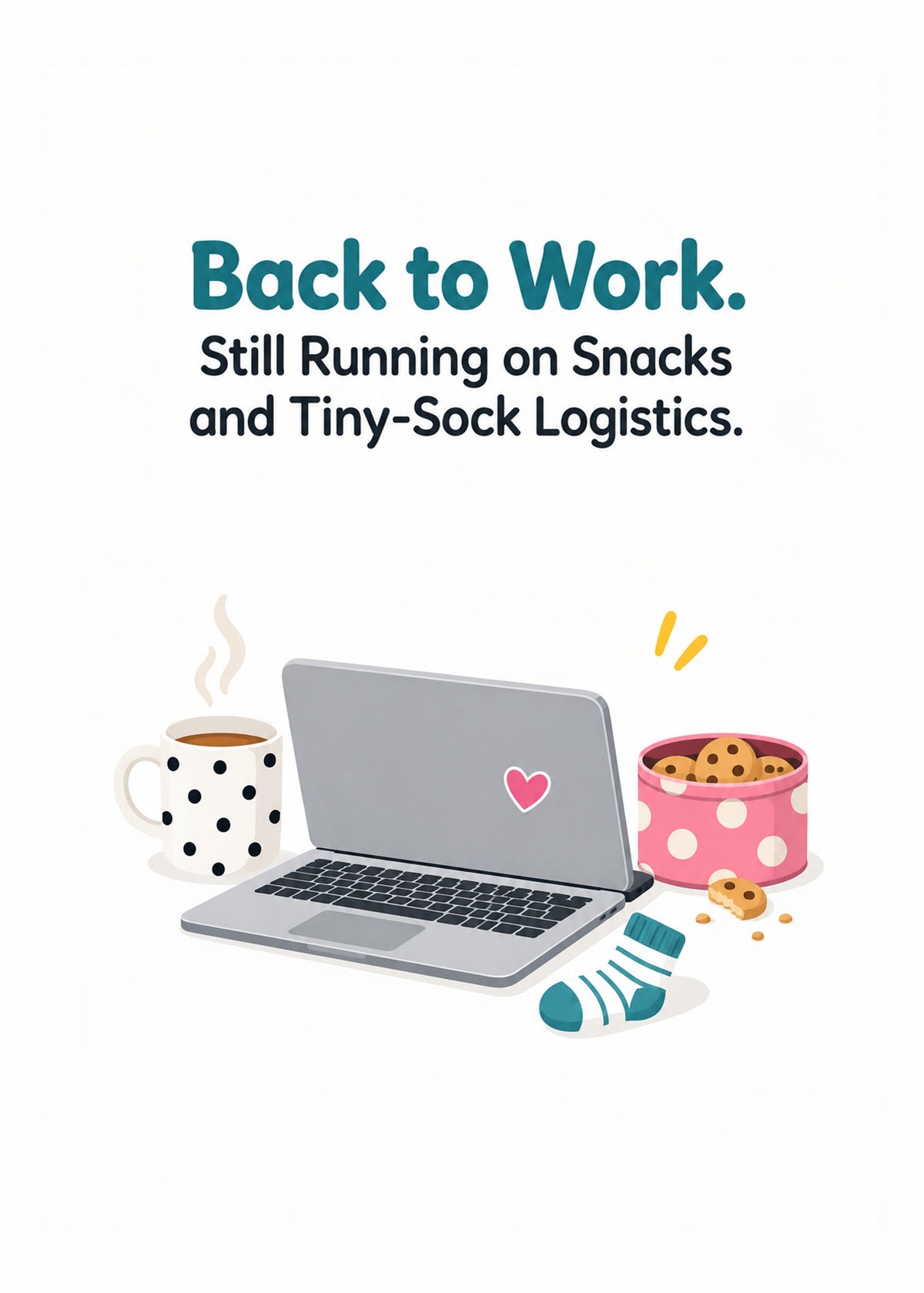 Funny leaving card showing a laptop with a heart sticker, a polka-dot mug, a biscuit tin and a tiny baby sock, by Gigglz