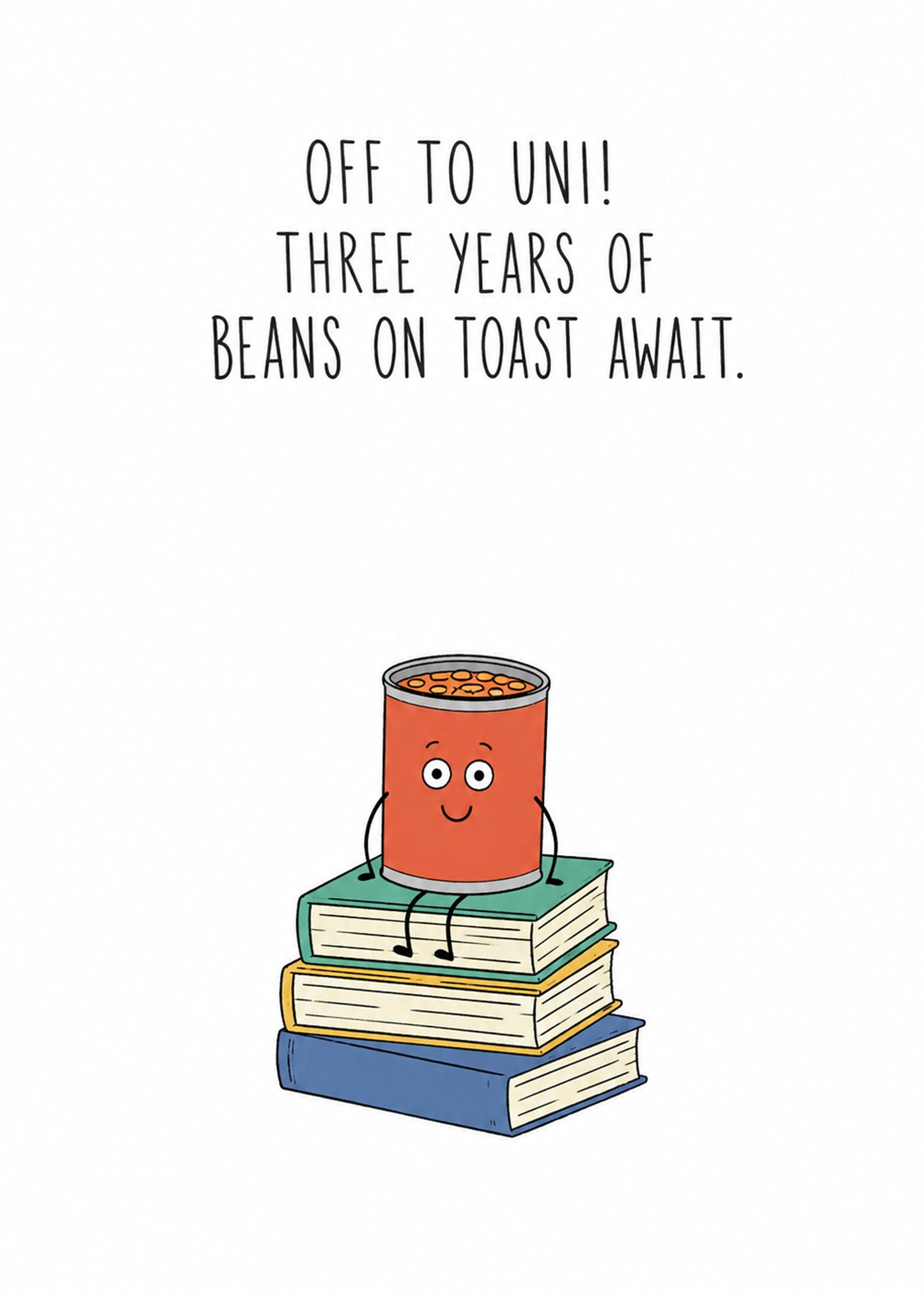 Funny congratulations card showing a smiling baked beans tin sitting on a stack of textbooks, by Gigglz