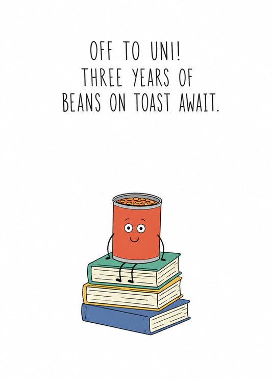 Funny congratulations card showing a smiling baked beans tin sitting on a stack of textbooks, by Gigglz