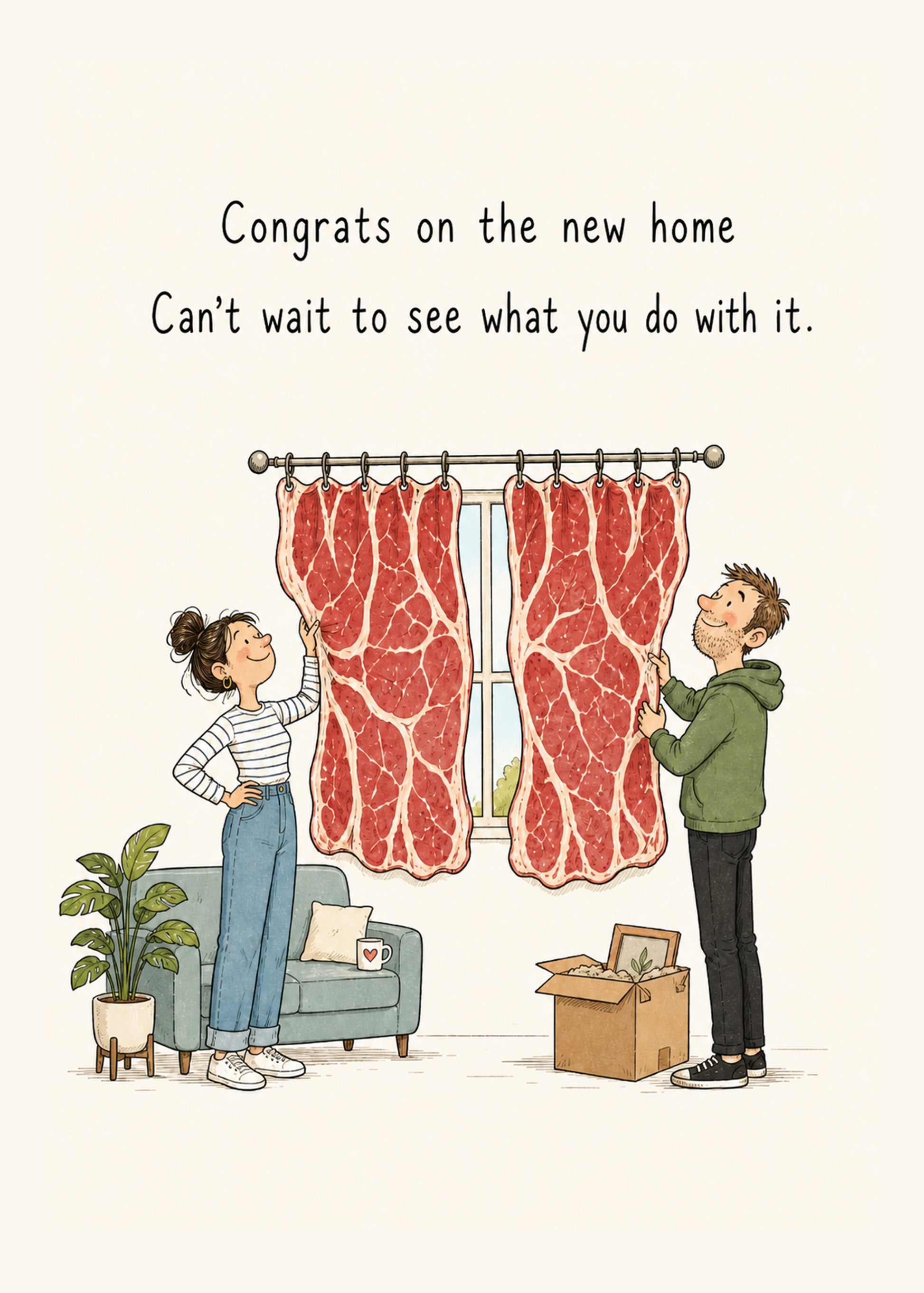 Beef Curtains new home card with steak curtains in a living room and the caption “Congrats on the new home. Can’t wait to see what you do with it.”