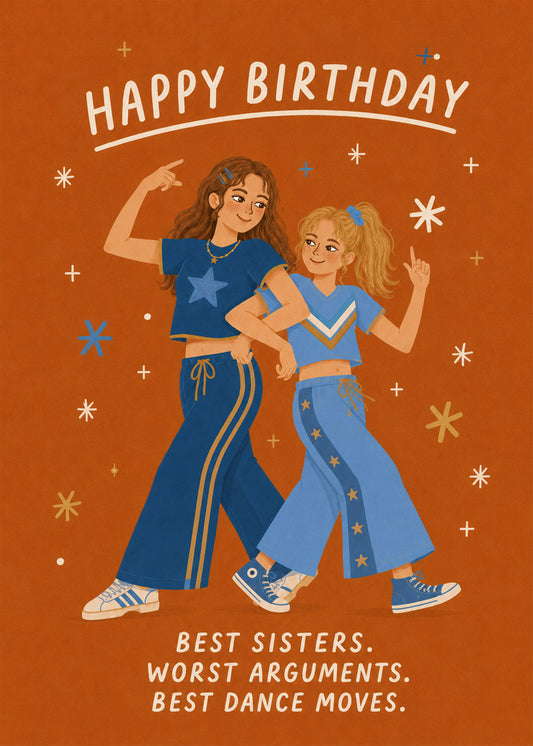 Funny birthday card for a sister with two sisters dancing by Gigglz
