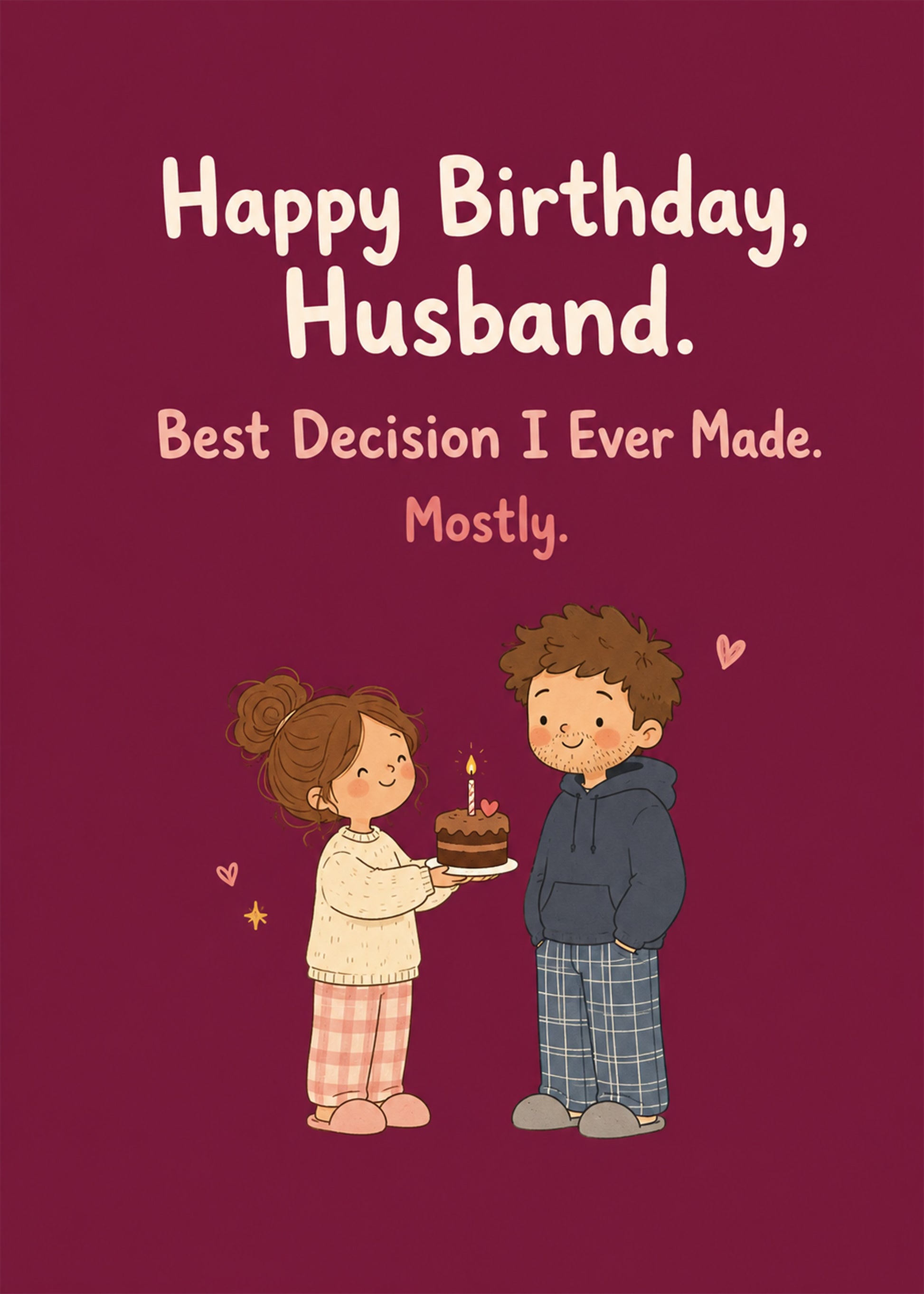 Funny birthday card showing a cosy illustrated couple in pyjamas sharing a small birthday cake, by Gigglz