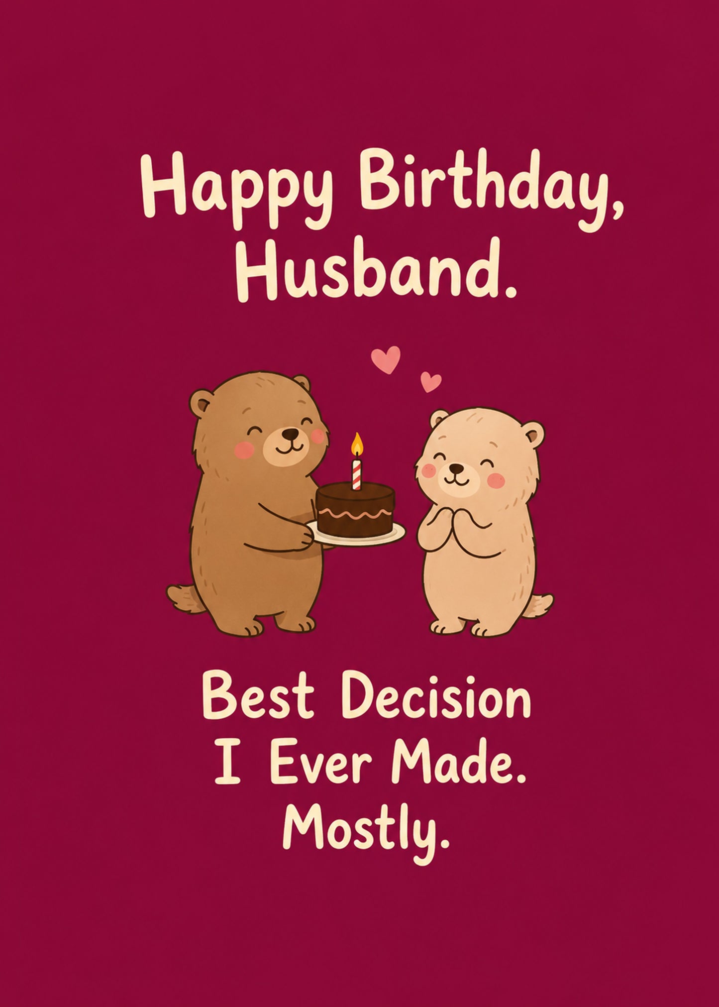 Funny birthday card showing two cute illustrated bears sharing a small birthday cake on a burgundy background, by Gigglz