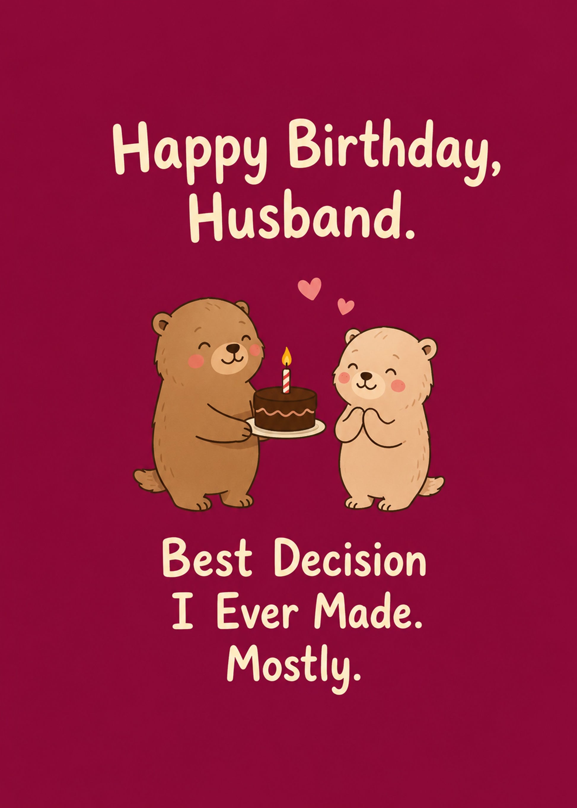 Funny birthday card showing two cute illustrated bears sharing a small birthday cake on a burgundy background, by Gigglz