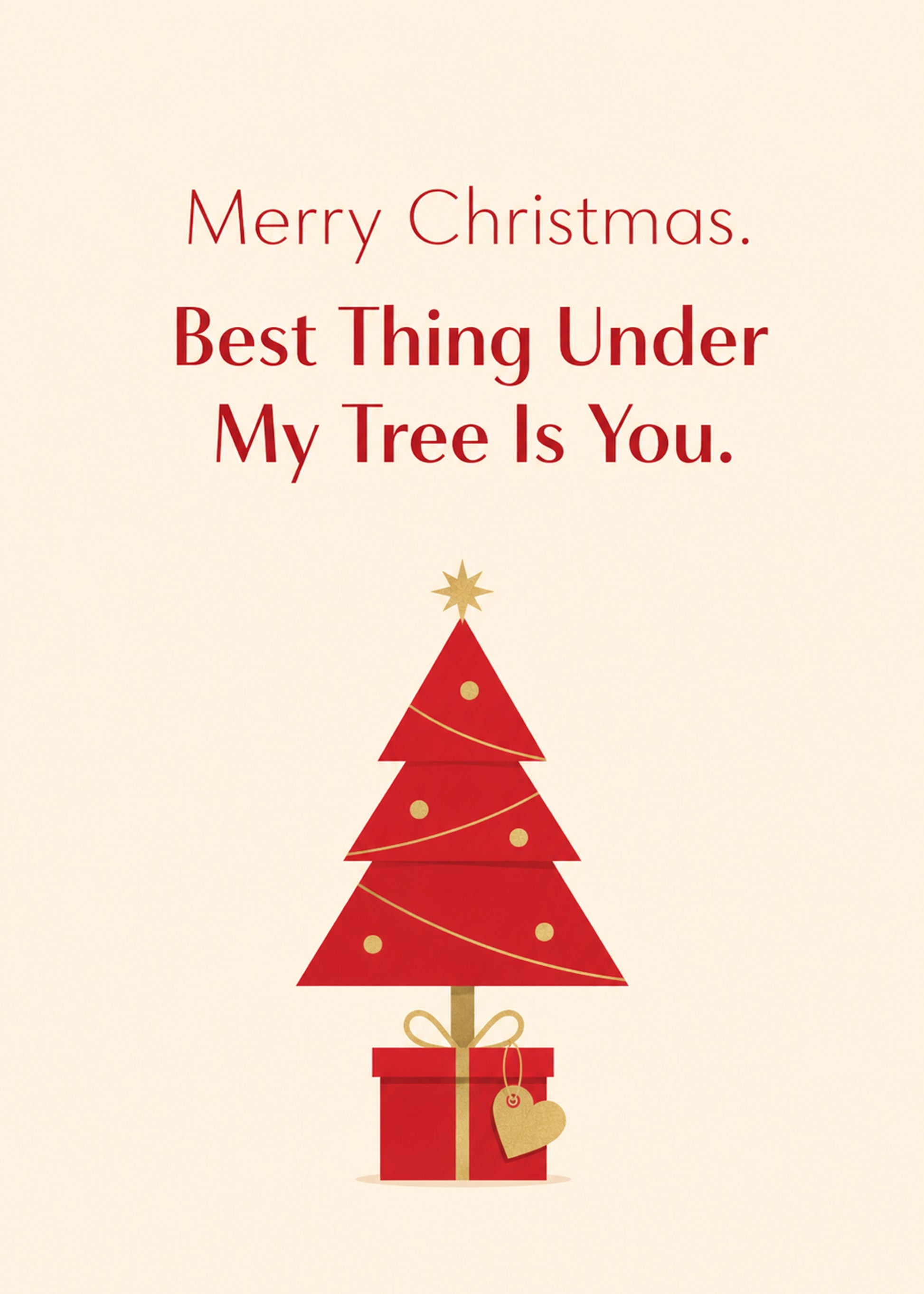 Heartwarming Christmas card showing a stylised red Christmas tree with a gold star and a wrapped gift, by Gigglz