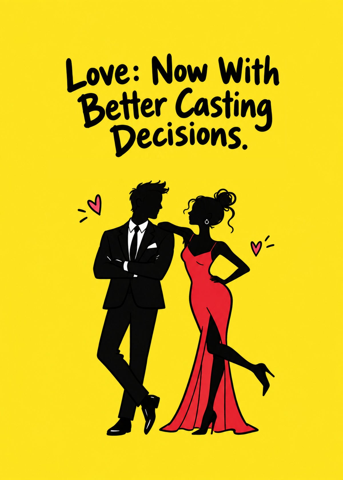 Funny wedding card showing a glamorous couple in a tuxedo and red gown as a bold silhouette with hearts, by Gigglz