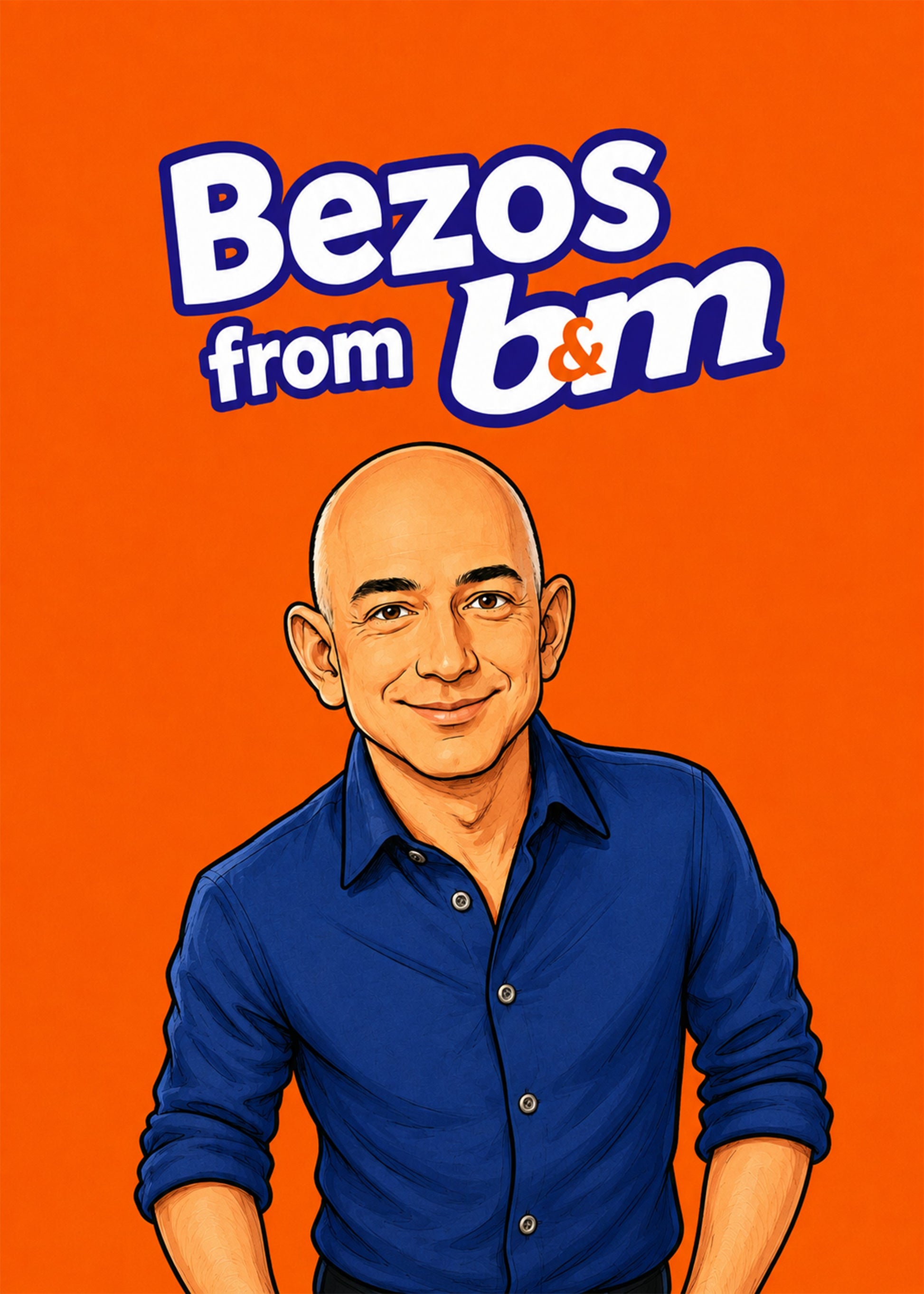 Funny birthday card showing a caricature-style portrait of Jeff Bezos on a bright orange background, by Gigglz