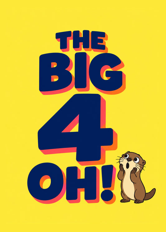 Funny birthday card showing huge navy 3D block lettering with a shocked cartoon otter peeking in from the side, by Gigglz