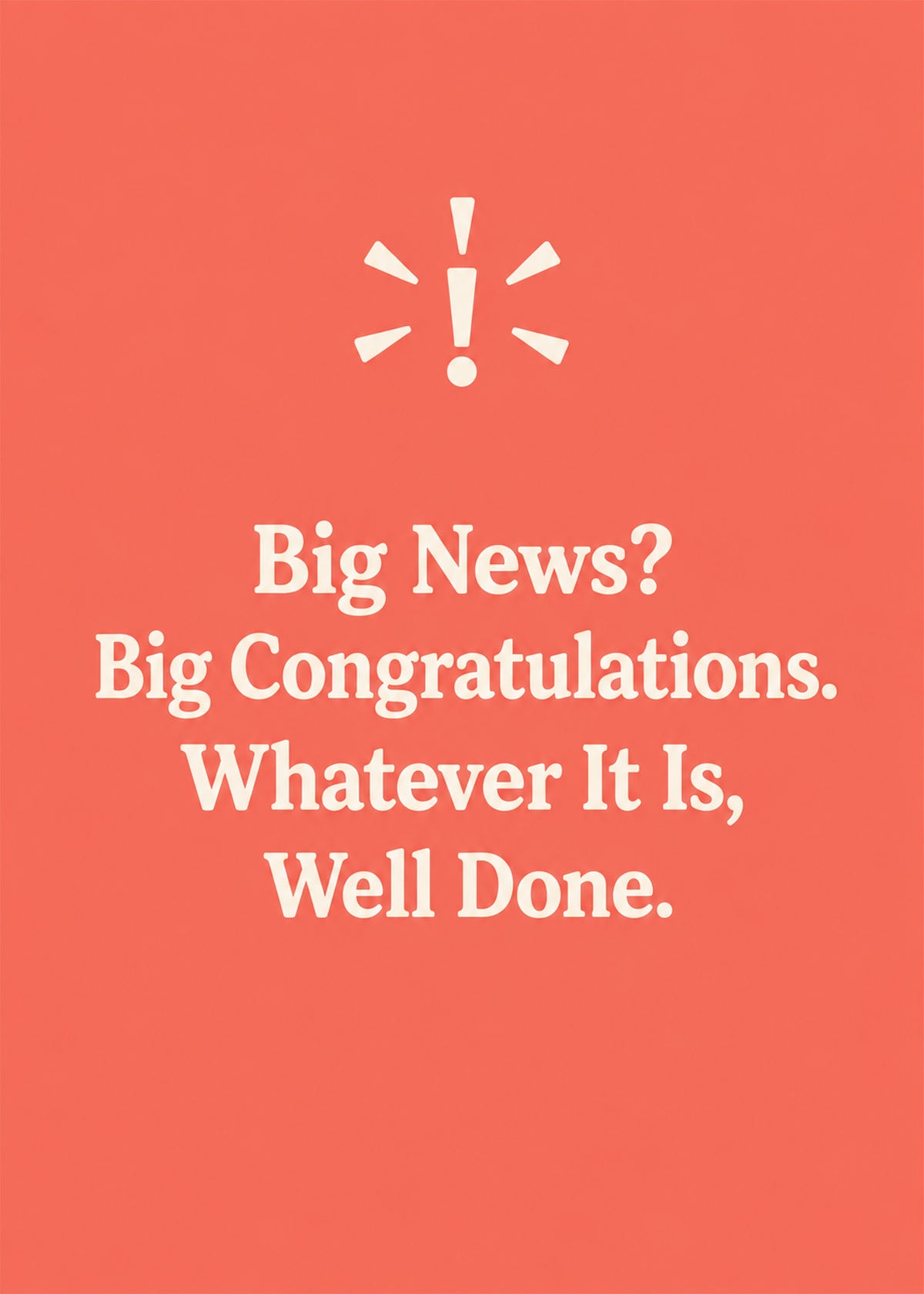 Funny congratulations card showing bold type with a burst of celebratory marks on coral, with Big News text, by Gigglz